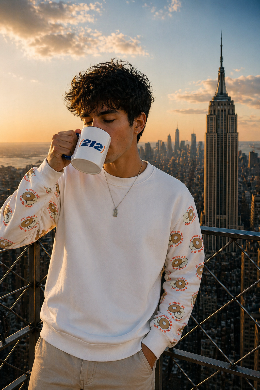 Young male wearing white graphic sweatshirt drinking from (212) NYC coffee mug on top of Empire State Building at sunset cinematic streetwear lifestyle scene