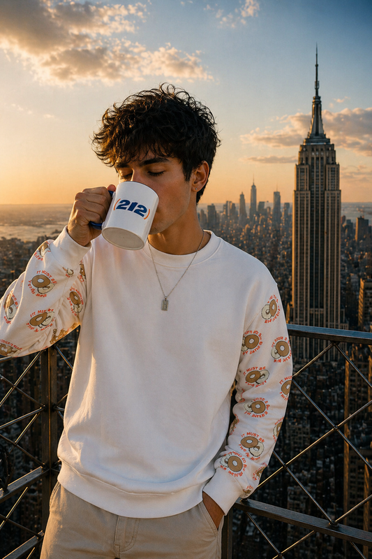 Young male wearing white graphic sweatshirt drinking from (212) NYC coffee mug on top of Empire State Building at sunset cinematic streetwear lifestyle scene