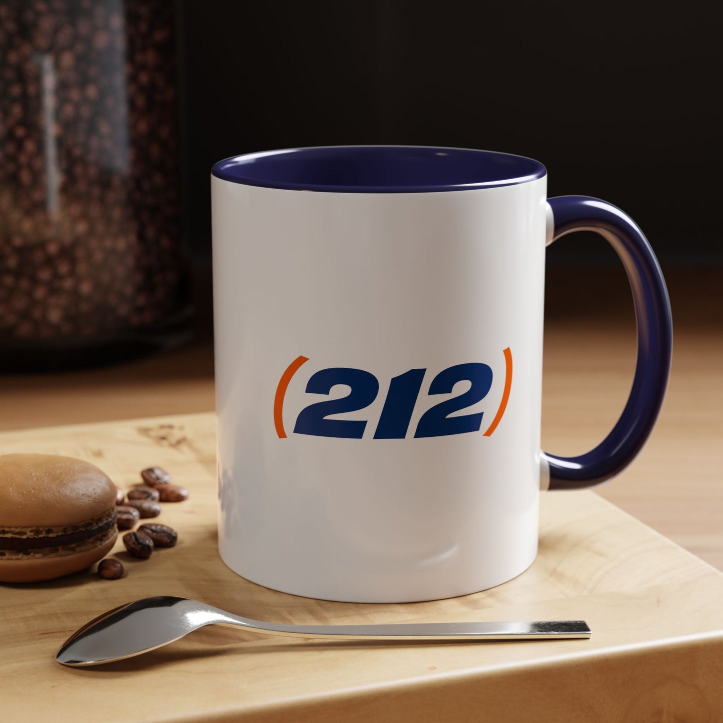 212 New York coffee mug ceramic cup with navy handle lifestyle shot NYC area code mug on table