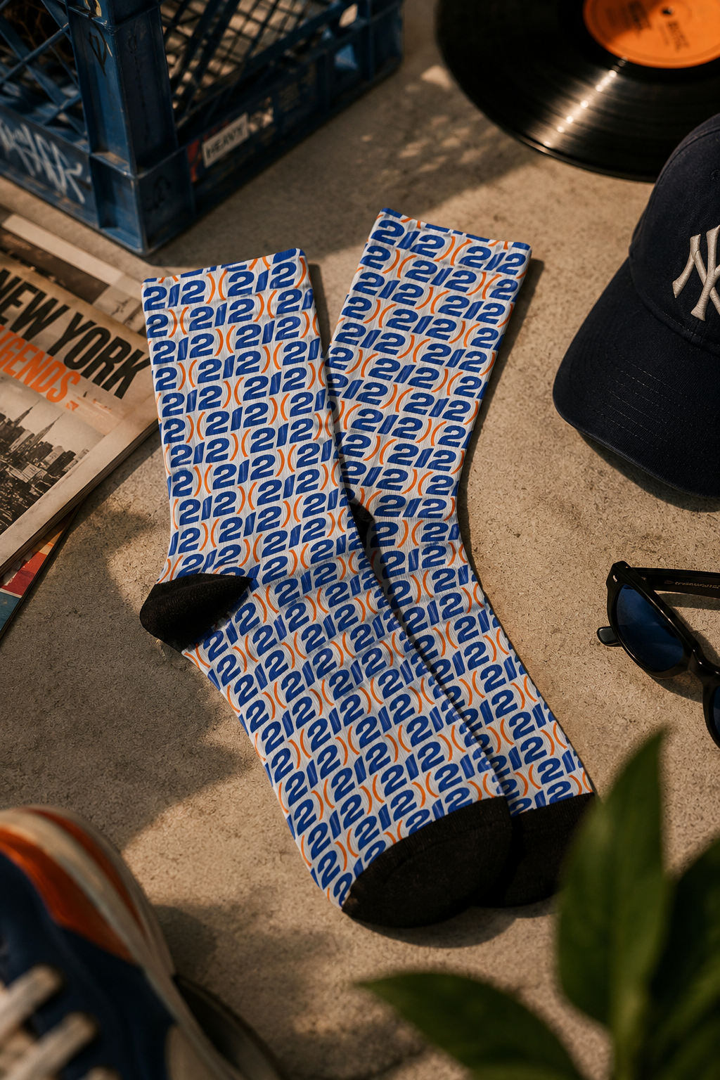 212 NYC area code crew socks flat lay mockup with New York streetwear accessories