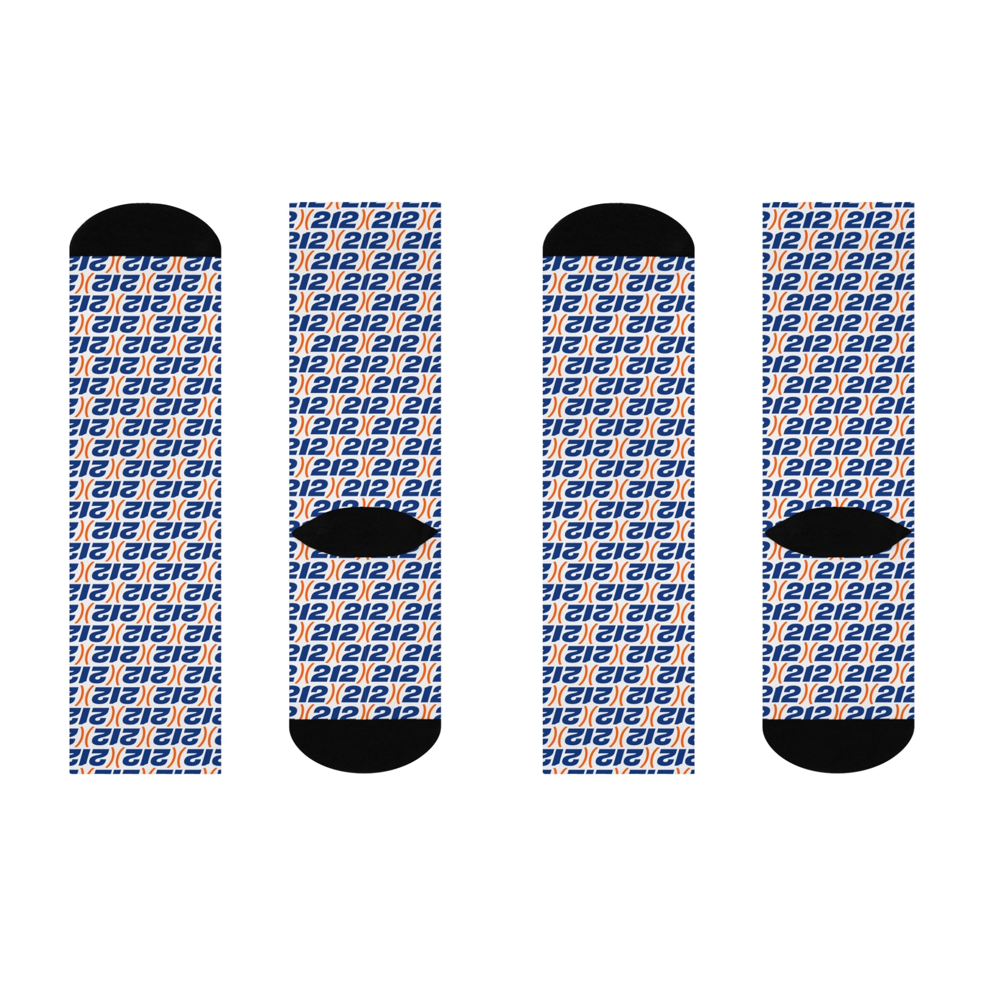 flat lay of (212) NYC crew socks showing full area code pattern and design details