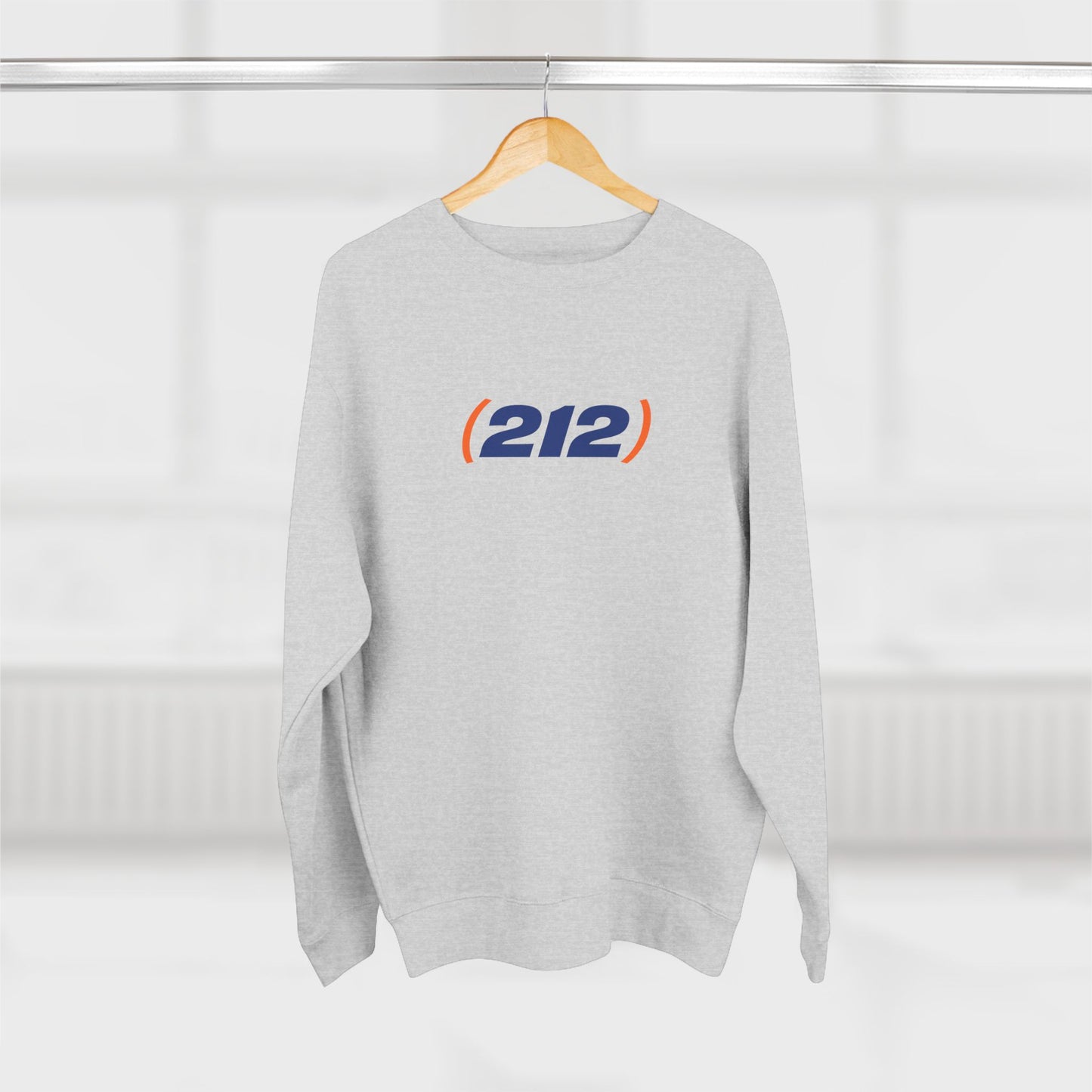 (212) NYC area code crewneck sweatshirt hanging minimal studio streetwear design