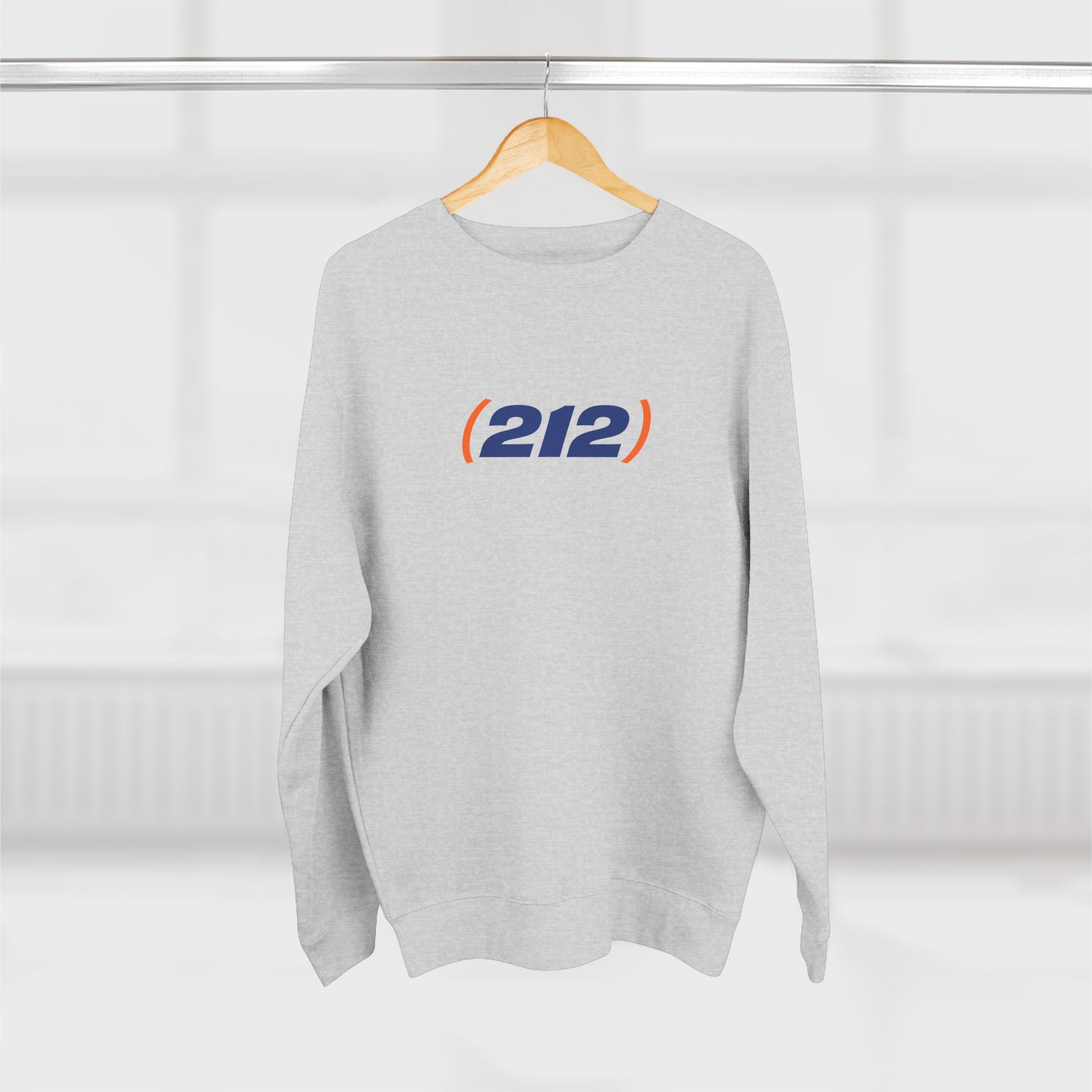 (212) NYC area code crewneck sweatshirt hanging minimal studio streetwear design