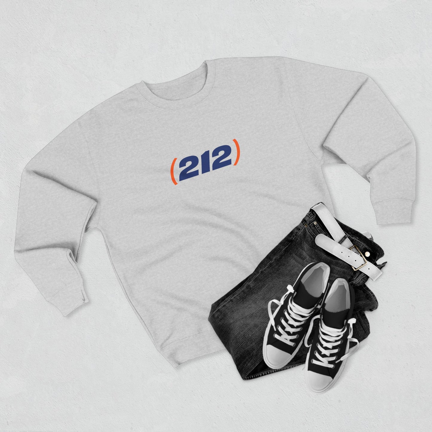 (212) NYC sweatshirt flat lay with sneakers styled streetwear outfit