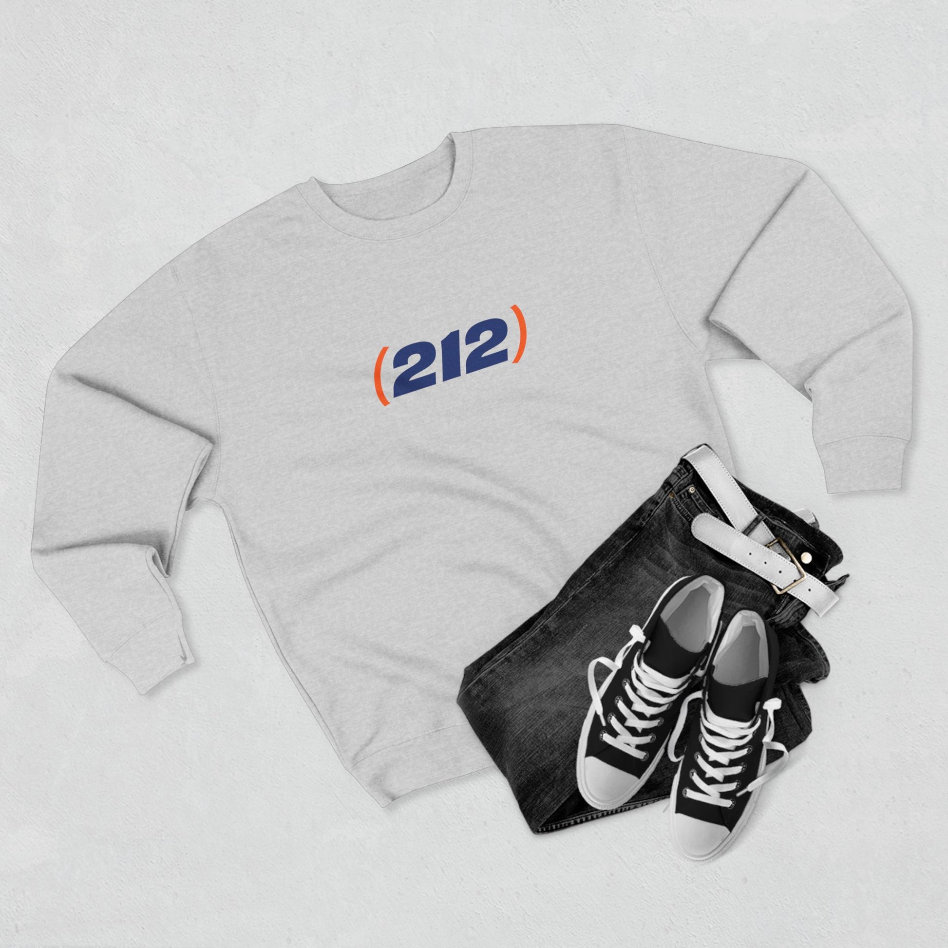 (212) NYC sweatshirt flat lay with sneakers styled streetwear outfit