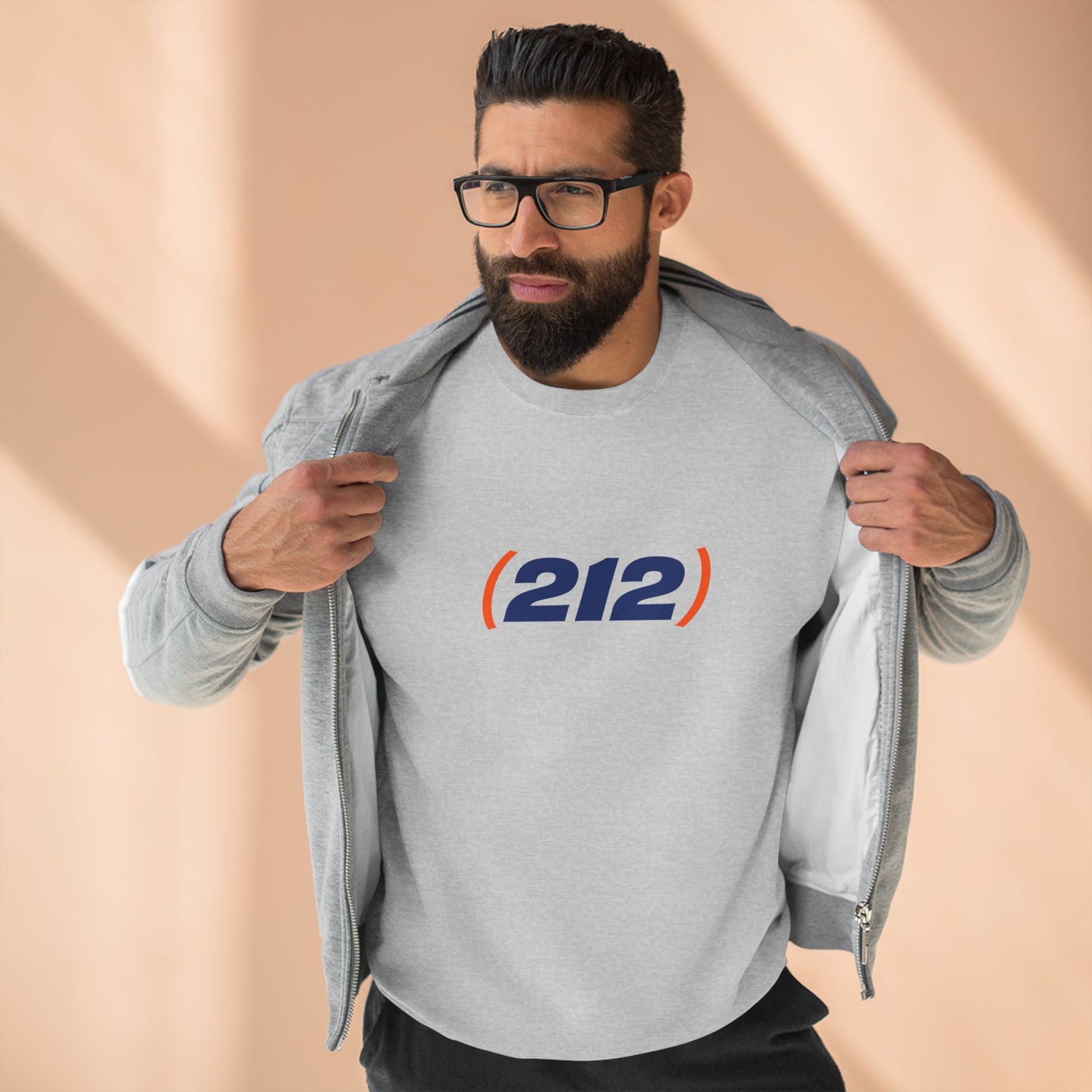 man wearing (212) NYC sweatshirt area code crewneck relaxed fit streetwear
