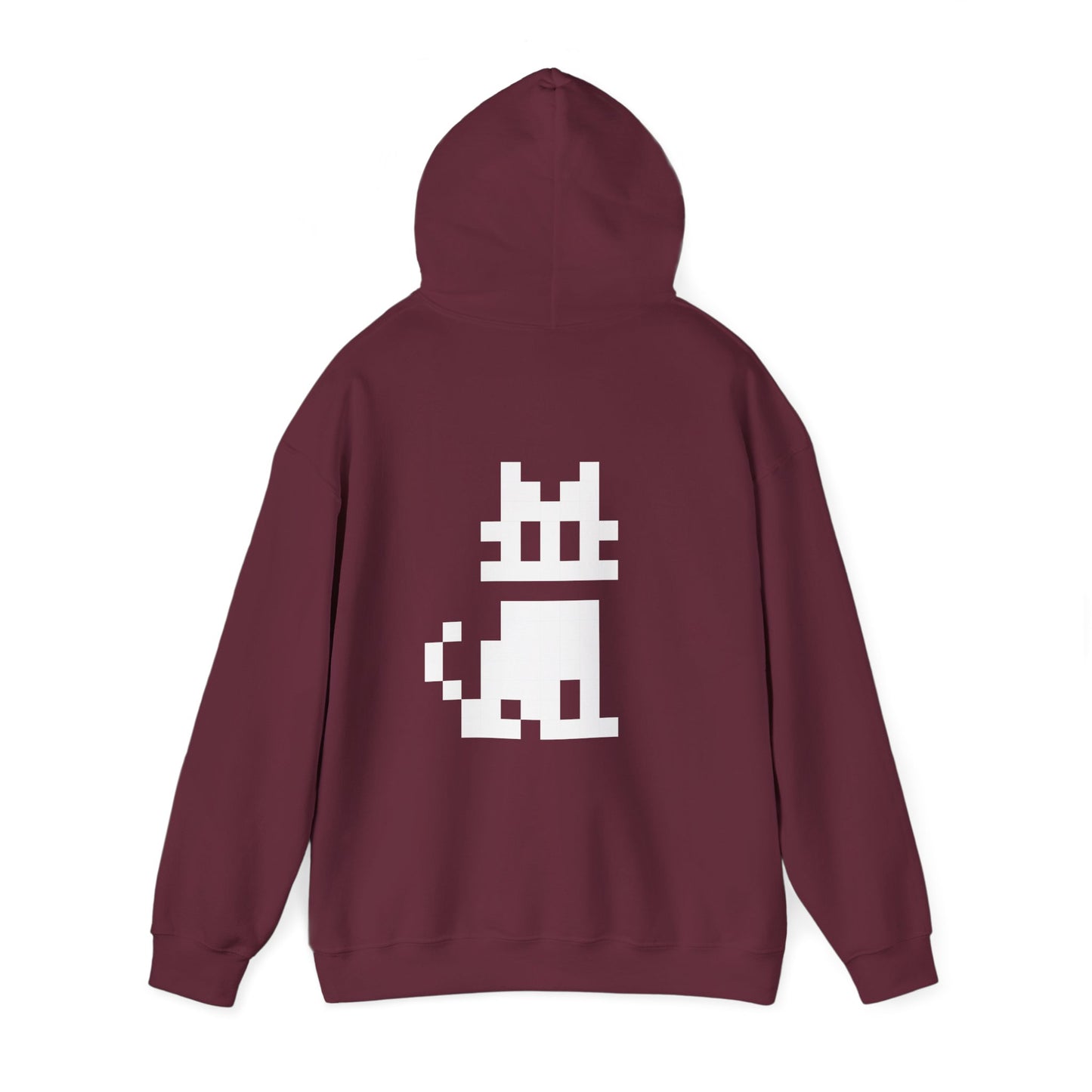 Pixel Cat Unisex Hoodie maroon back view flat lay