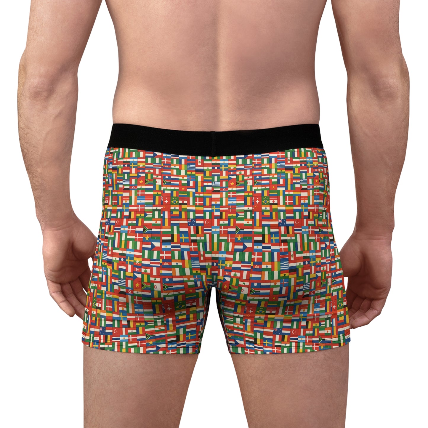 back view male model wearing global flags boxer briefs international print underwear