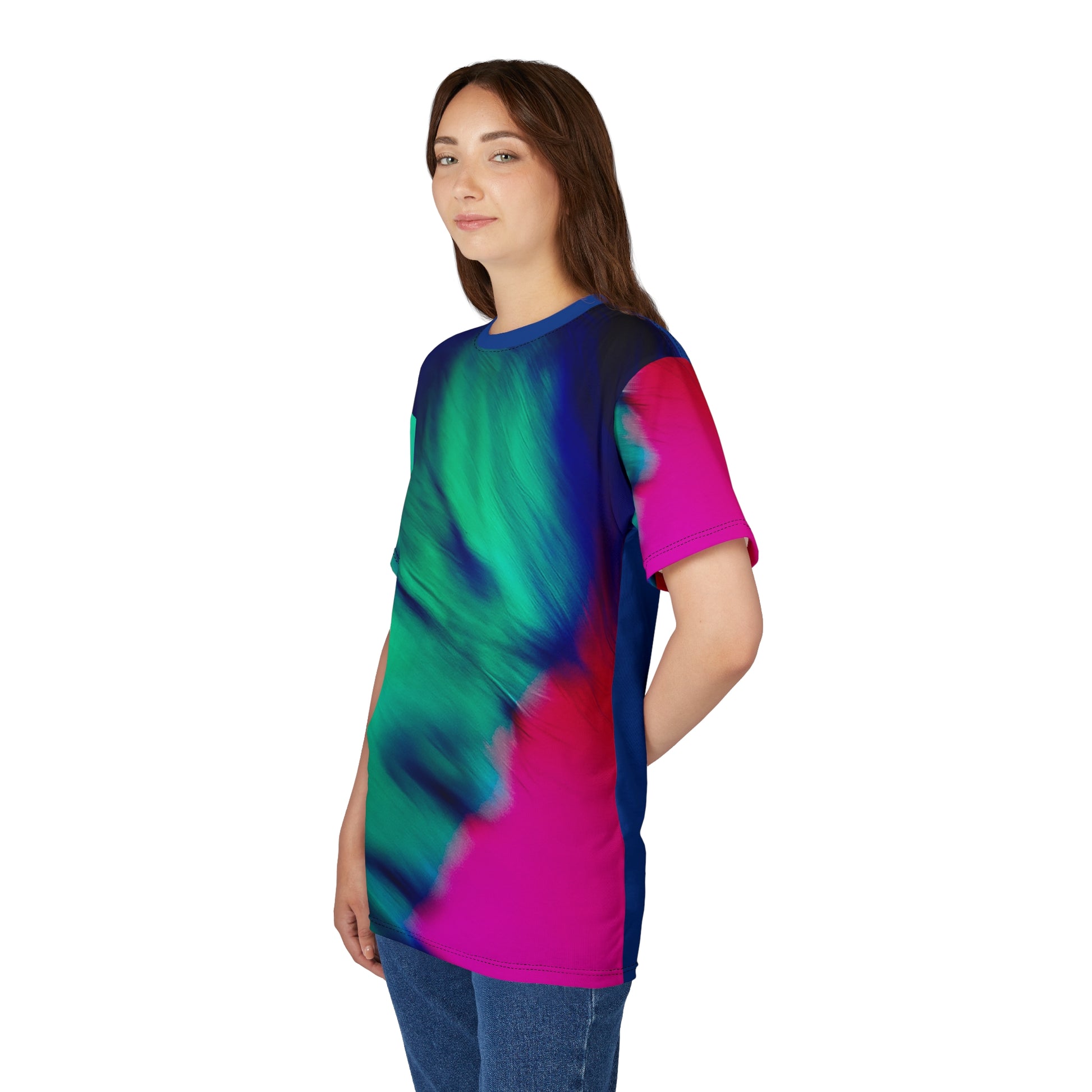 Female model side view in Acid Dream Unisex T-shirt showcasing neon pink sleeve and acid-style artwork