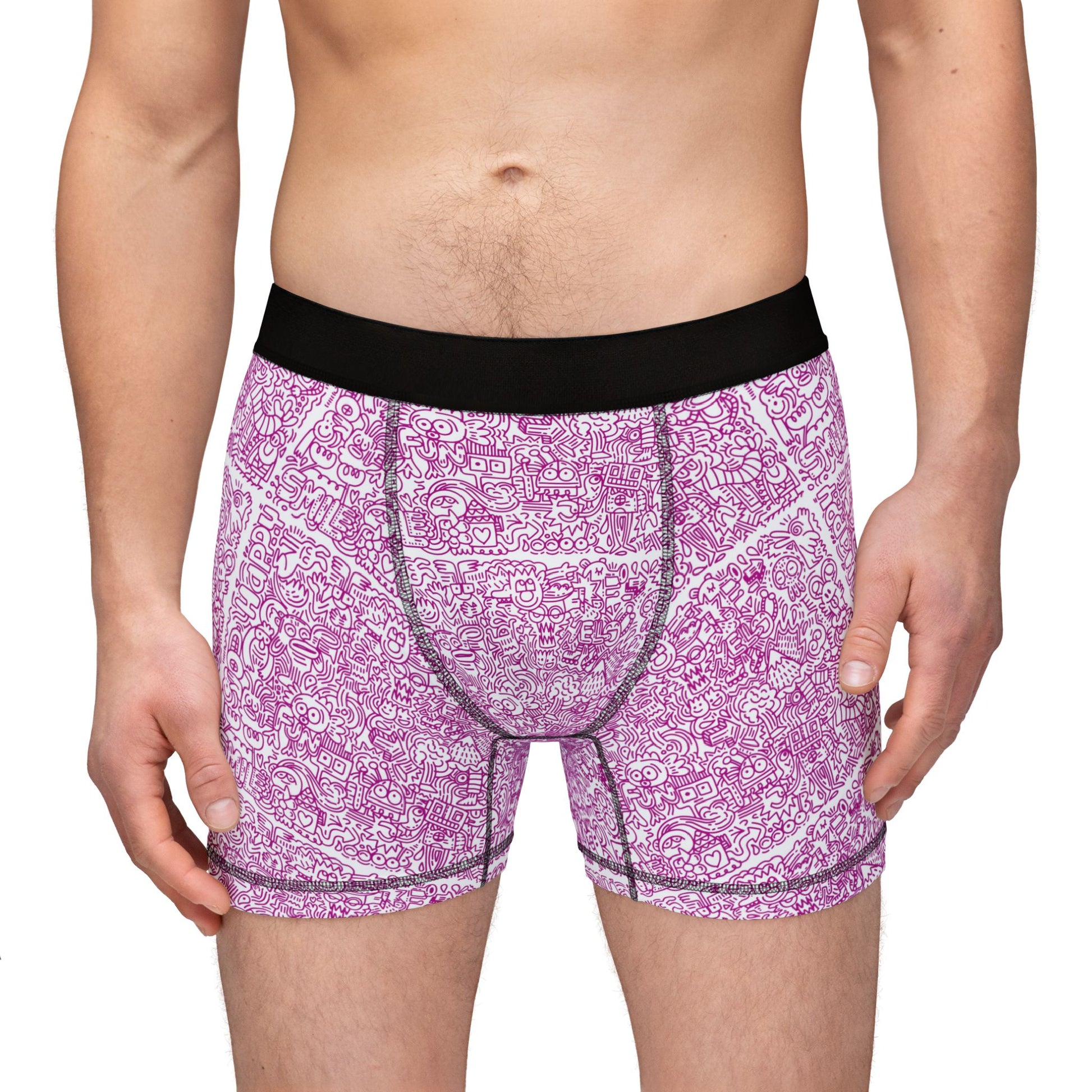 Male model front view in Doodle Men’s Boxers with whimsical all-over doodle design