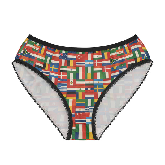 United Nations panties with colorful world flag print, womens global flags underwear front view