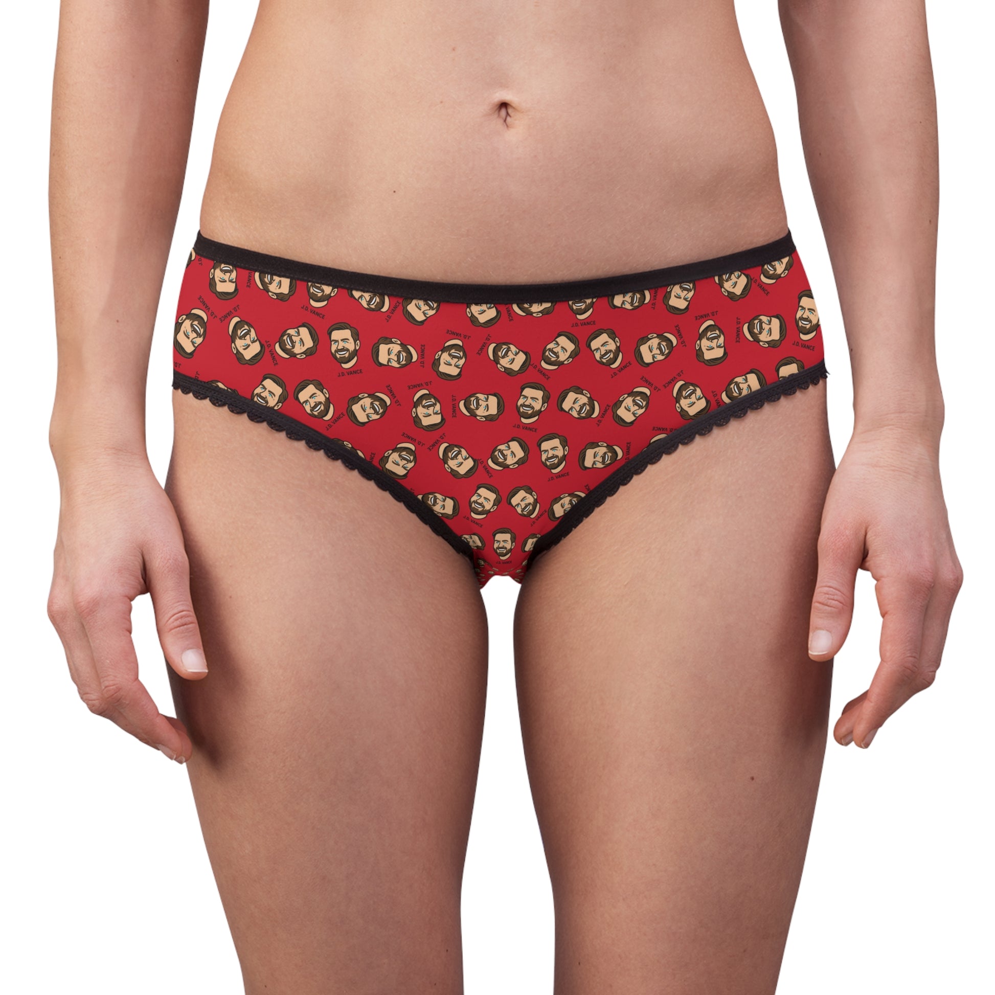 Female model wearing JD Vance panties front view showing fit and graphic print