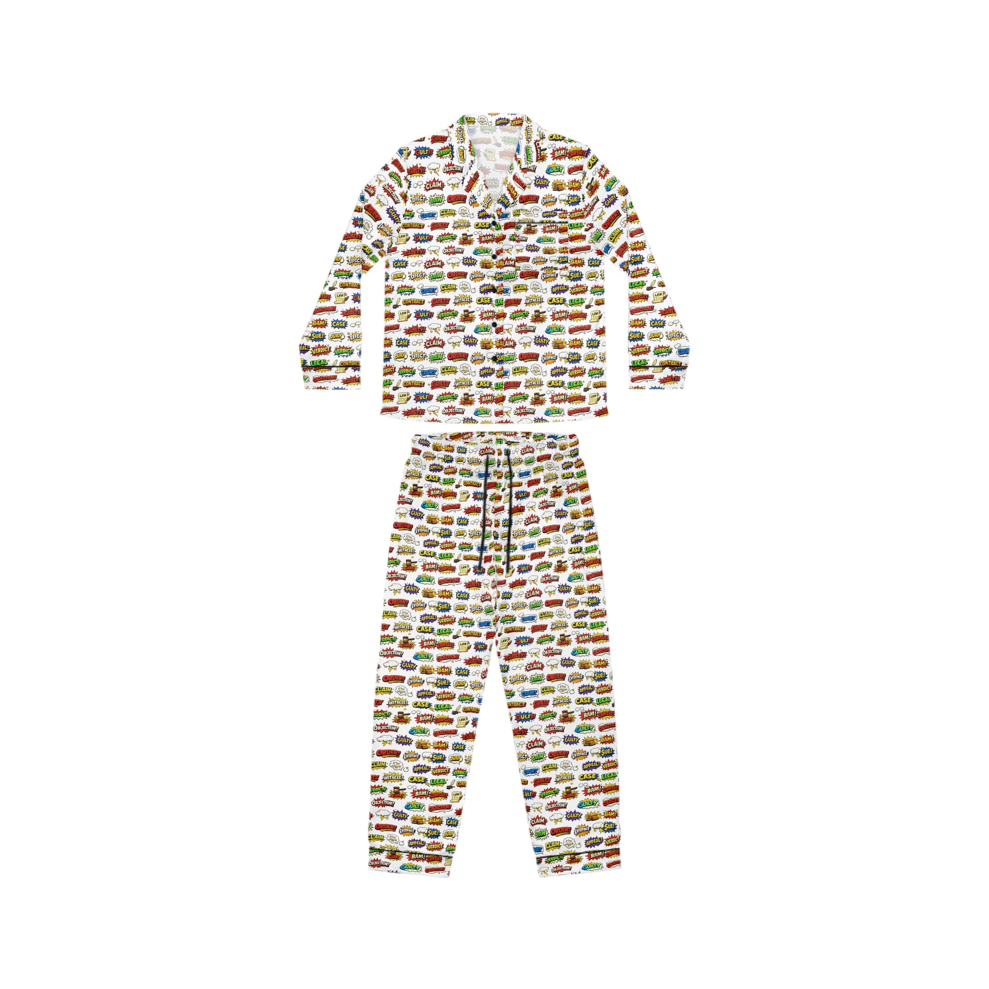 Legal pop art satin pajama set for women colorful courtroom pattern front view