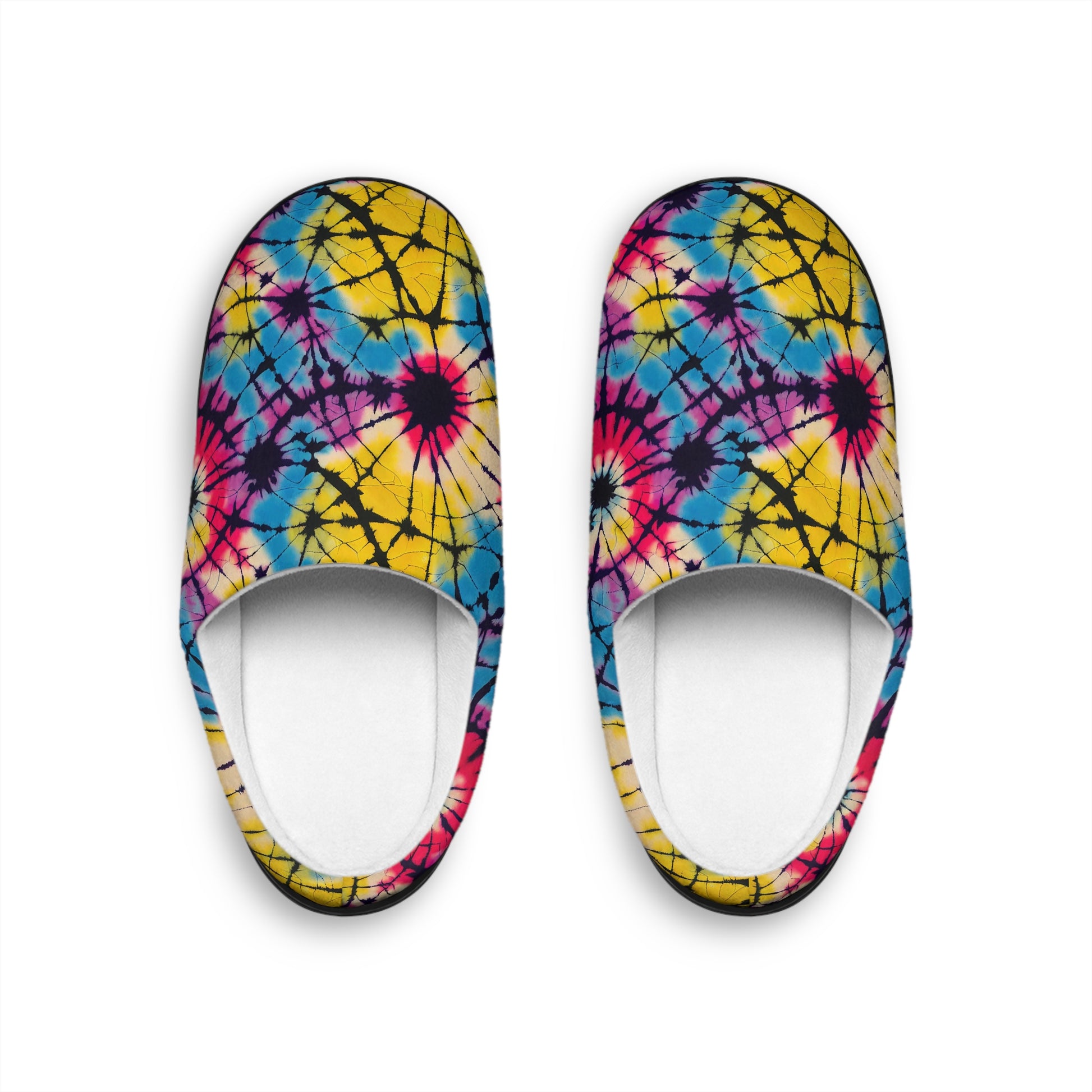 Top view of Men’s Tie-Dye Cozy Slippers placed side by side displaying the bright multicolor tie-dye pattern and rounded toe design.