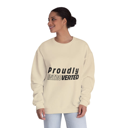 Woman wearing Proudly Introverted Sweatshirt in beige, smiling while standing