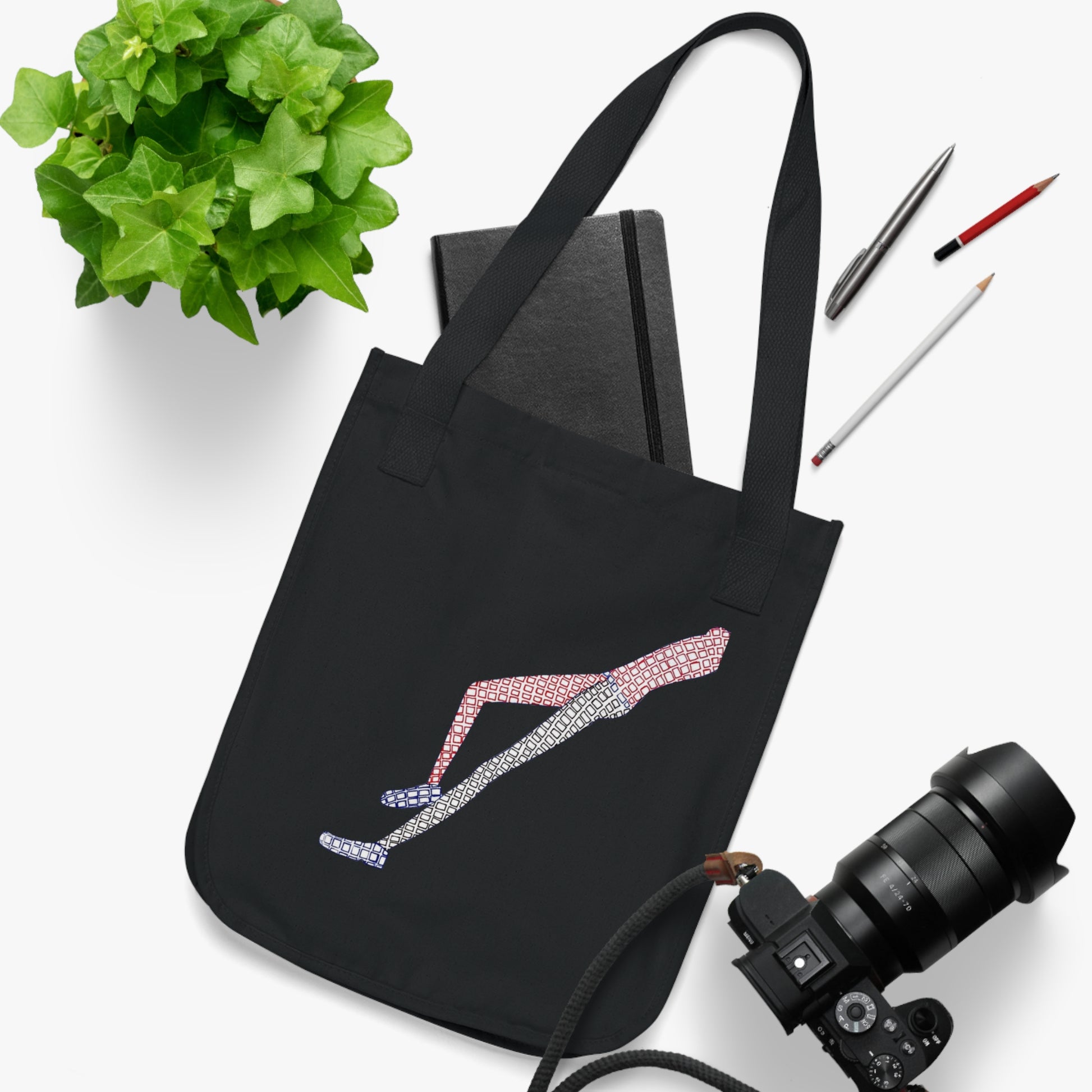Black Shapes in Shapes Organic Tote Bag styled with items inside
