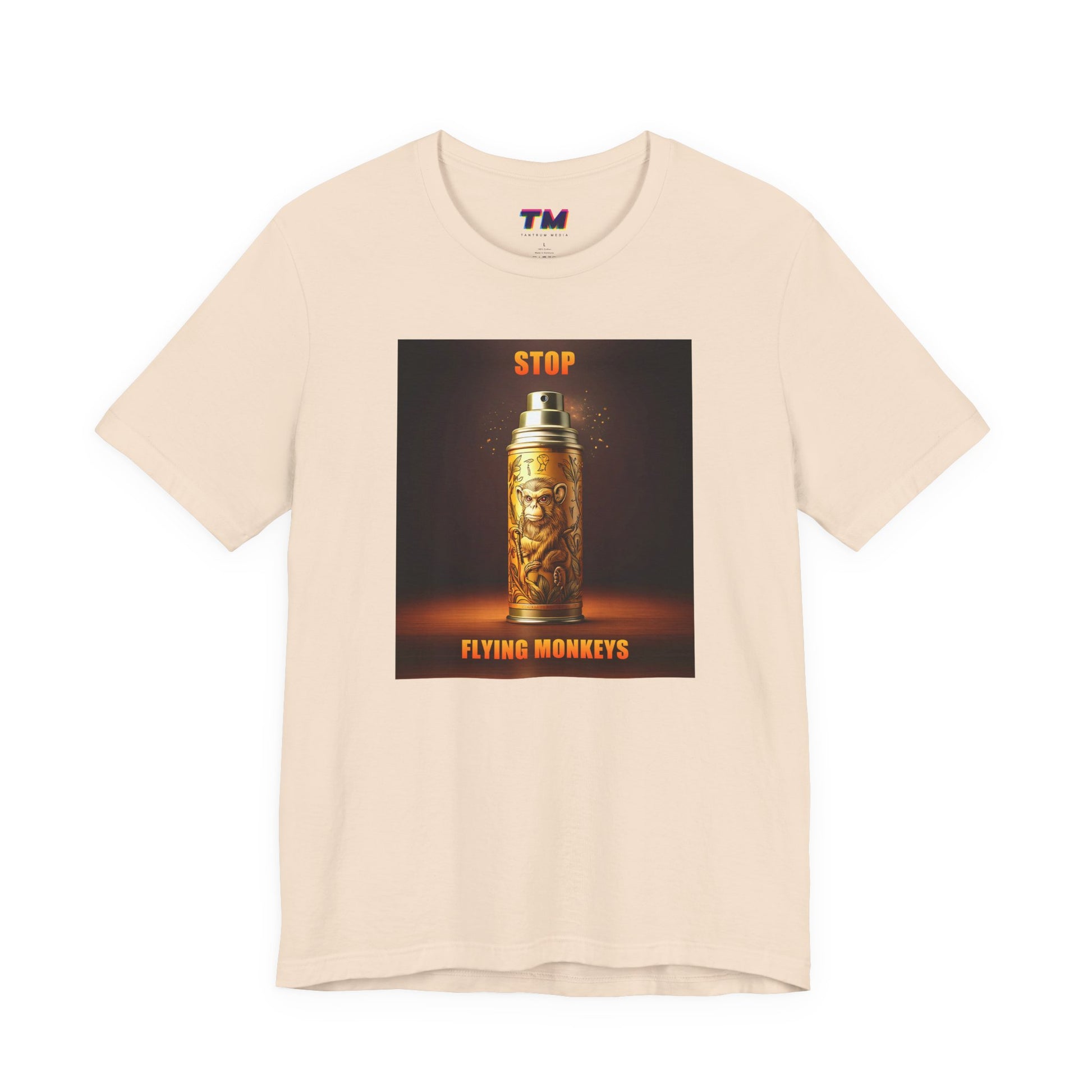 Beige Stop Flying Monkeys T-Shirt flat lay with bold design