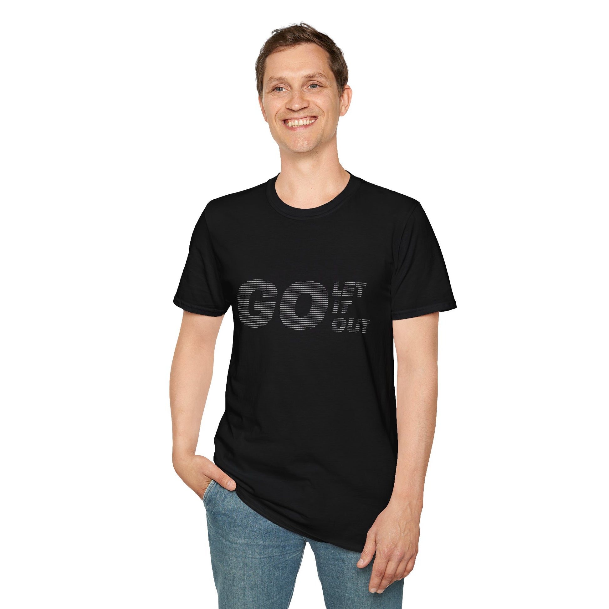 Man  standing in black Oasis Go Let It Out stencil t-shirt.