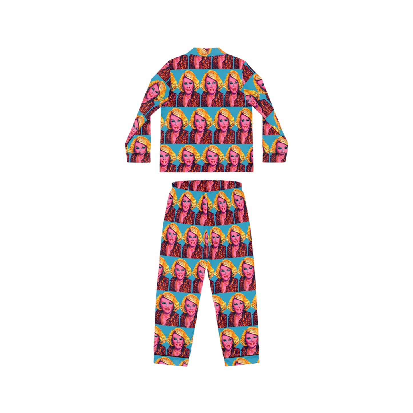 Back view of Joan Fashion Police satin pajama set highlighting all over pop art print and relaxed pajama silhouette.