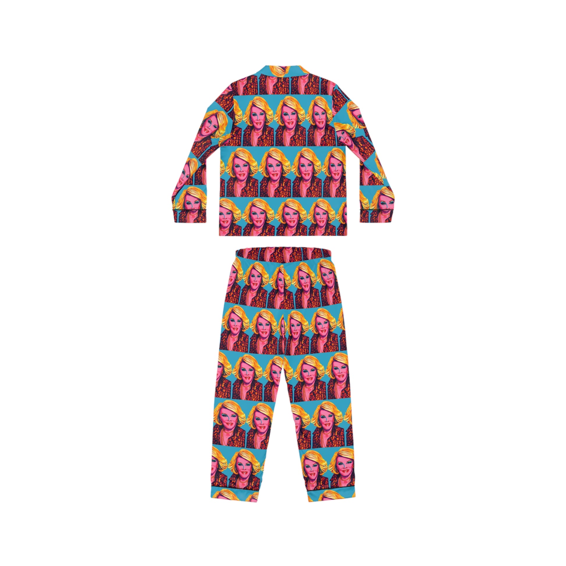 Back view of Joan Fashion Police satin pajama set highlighting all over pop art print and relaxed pajama silhouette.