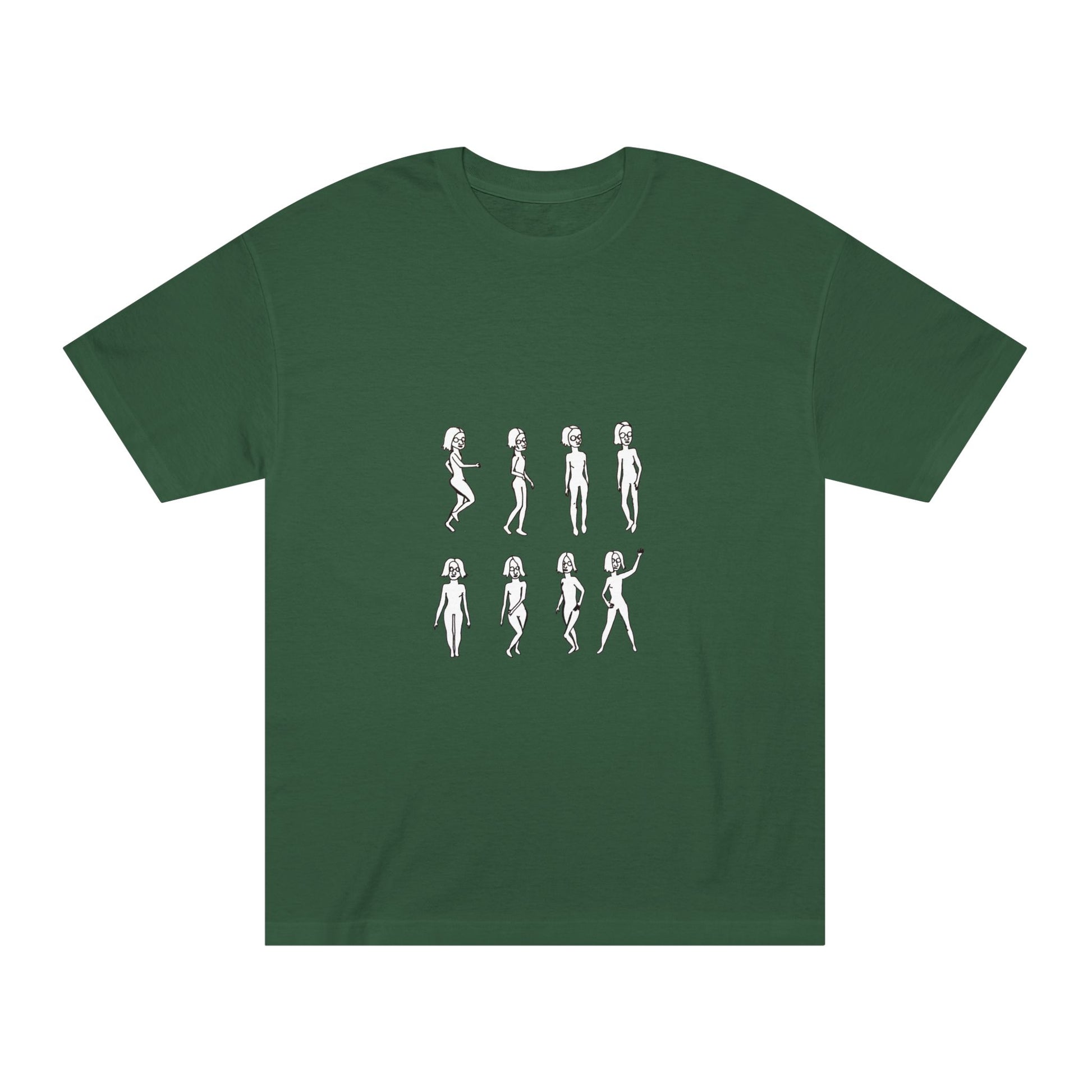 Running Out Unisex T-Shirt in forest green with hand-drawn artwork on the back