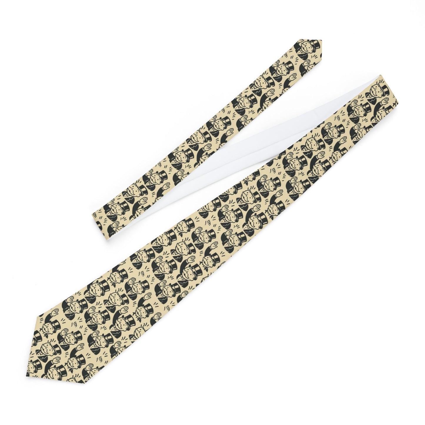 Two Monopoly themed neckties laid flat, showing the full printed pattern on both a standard width tie and a slimmer tie.