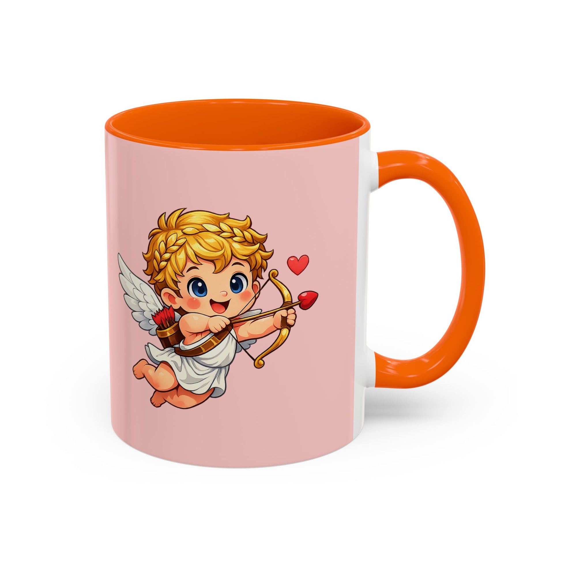 Pink mug with orange interior and handle featuring a cartoon Cupid design on a white background.