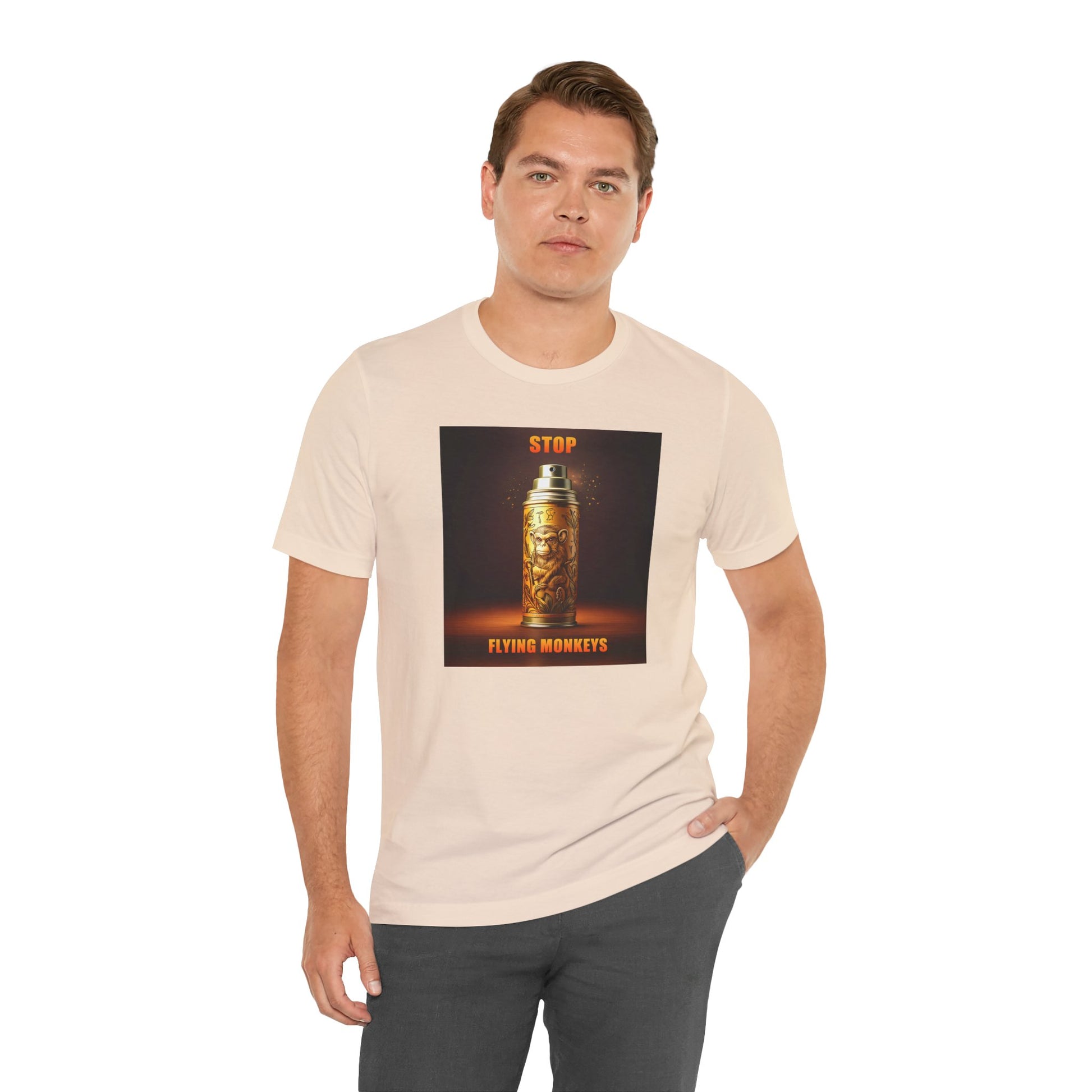 Man in beige Stop Flying Monkeys T-Shirt with graphic centered