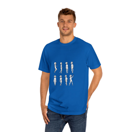 Man wearing Running Out Unisex T-Shirt in royal blue with hand-drawn artwork on the front