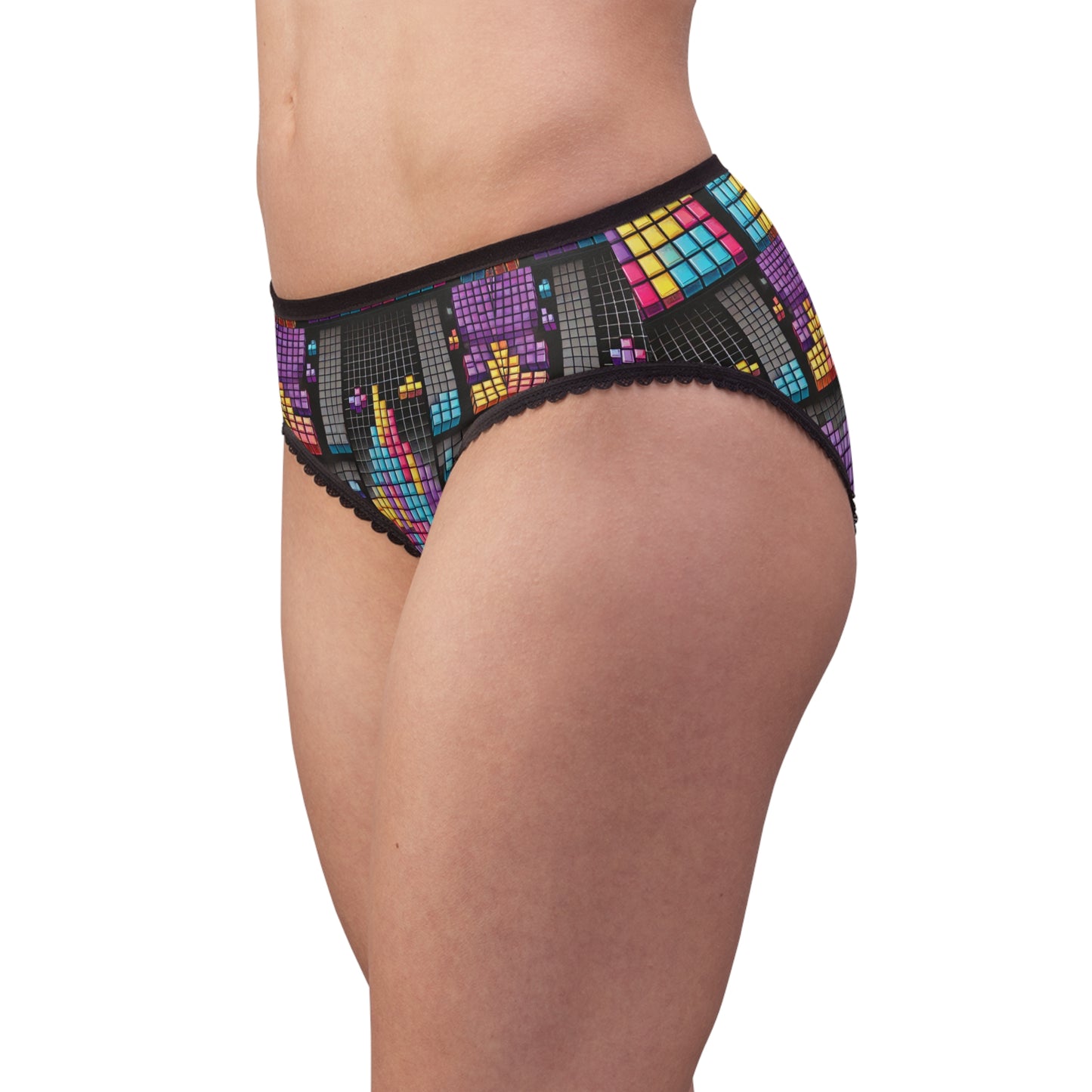 Side view woman wearing retro Tetris panties gaming underwear geometric pattern