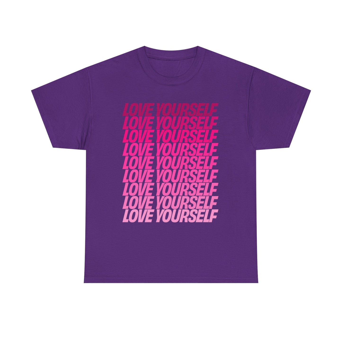Love Yourself T-Shirt in Purple with bold pink text, flat product view