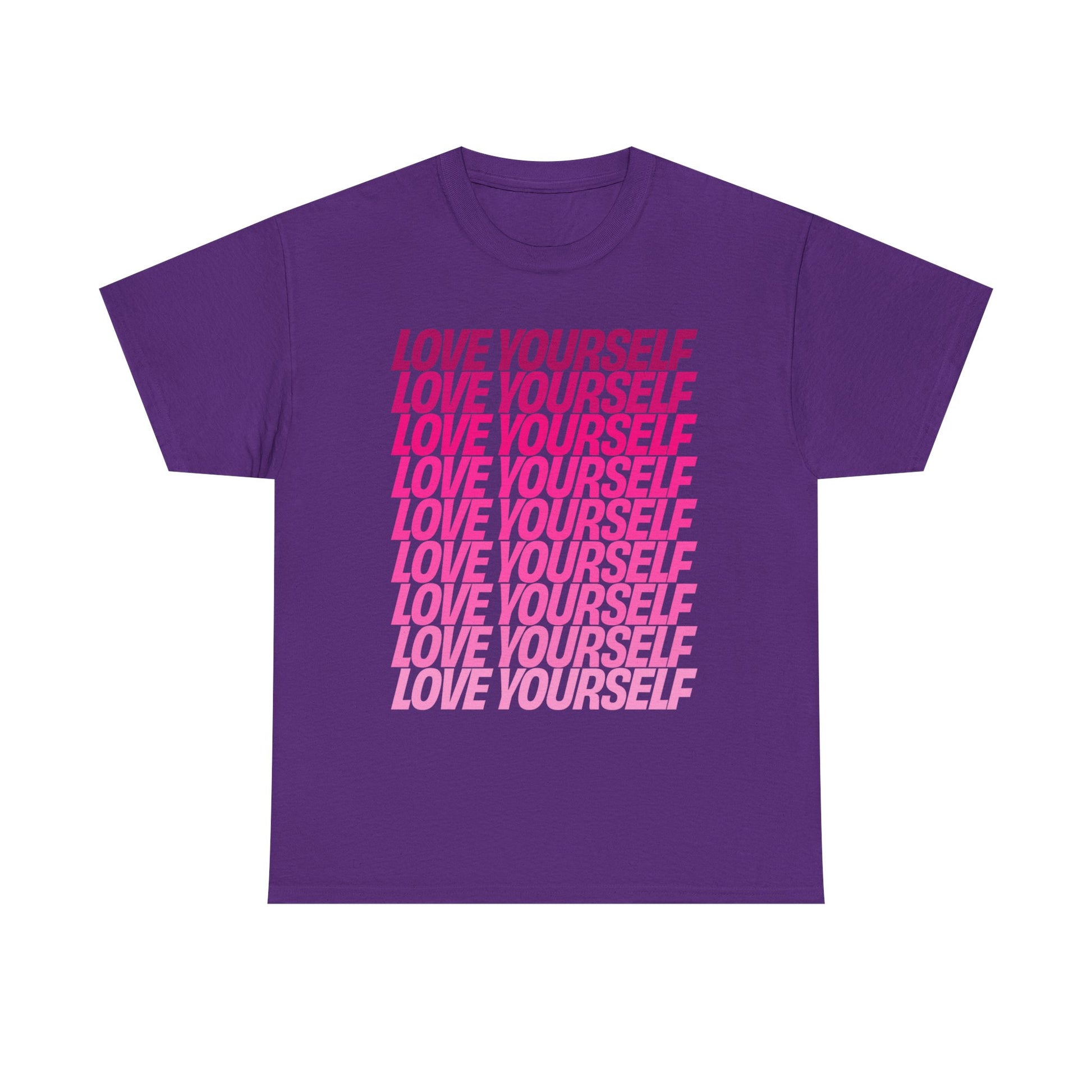 Love Yourself T-Shirt in Purple with bold pink text, flat product view