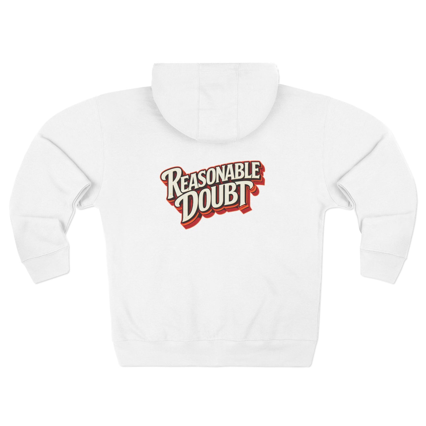 Back view of white Reasonable Doubt unisex zip hoodie highlighting retro script back print.