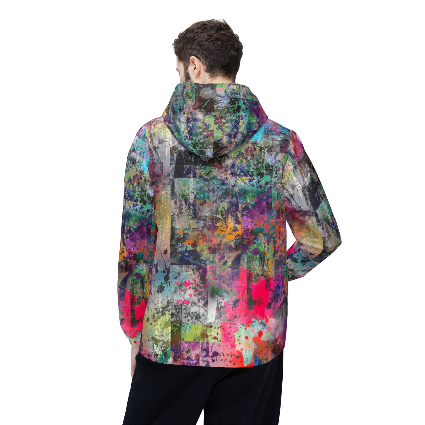 Male model back view wearing Color Splash Windbreaker Jacket with bold neon paint details.