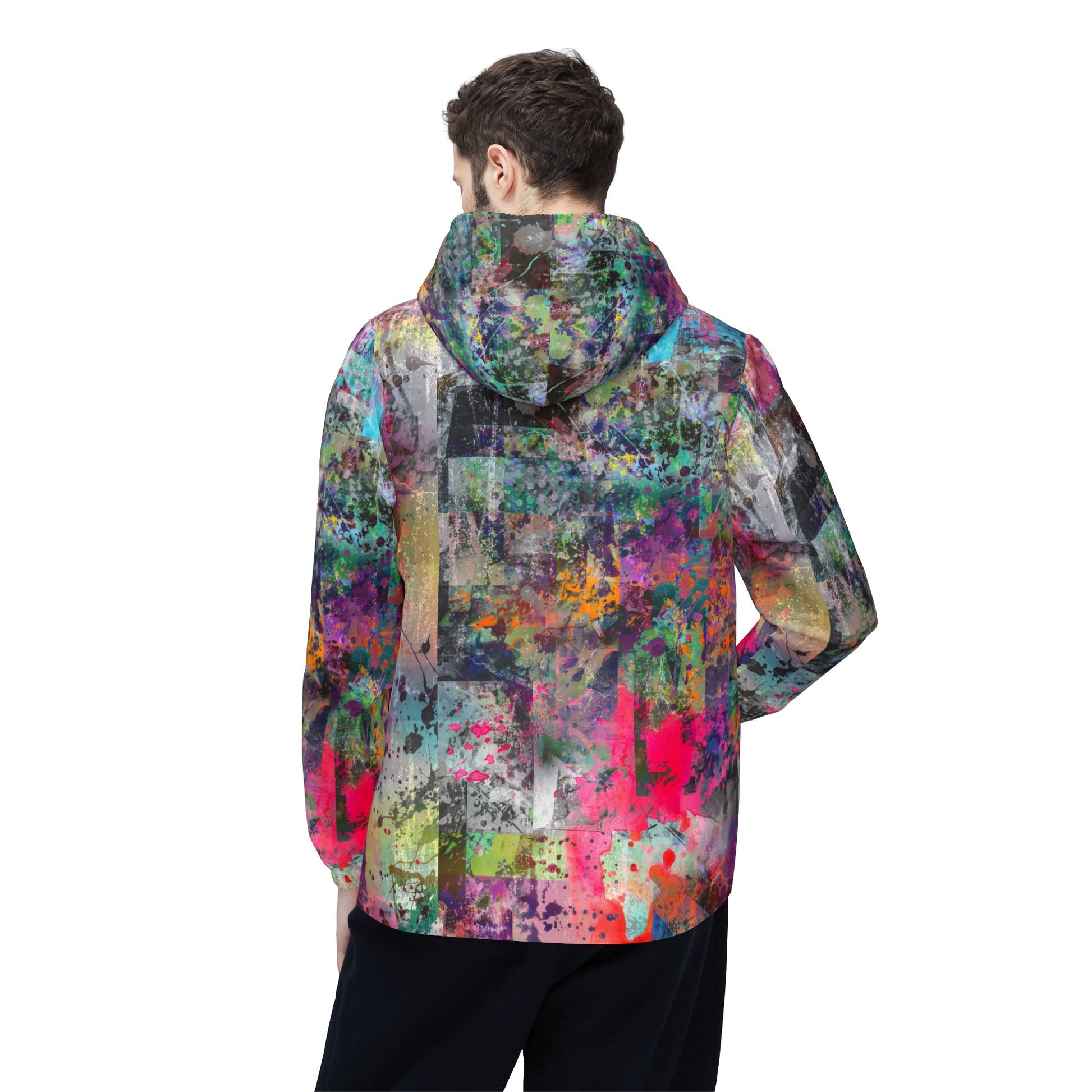 Male model back view wearing Color Splash Windbreaker Jacket with bold neon paint details.