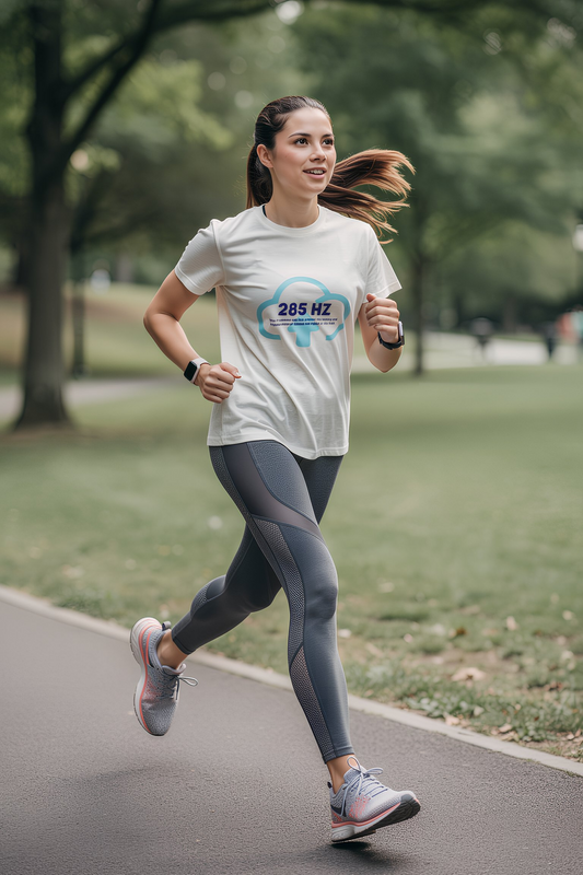 Model jogging outdoors wearing Sand 285 Hz frequency t-shirt