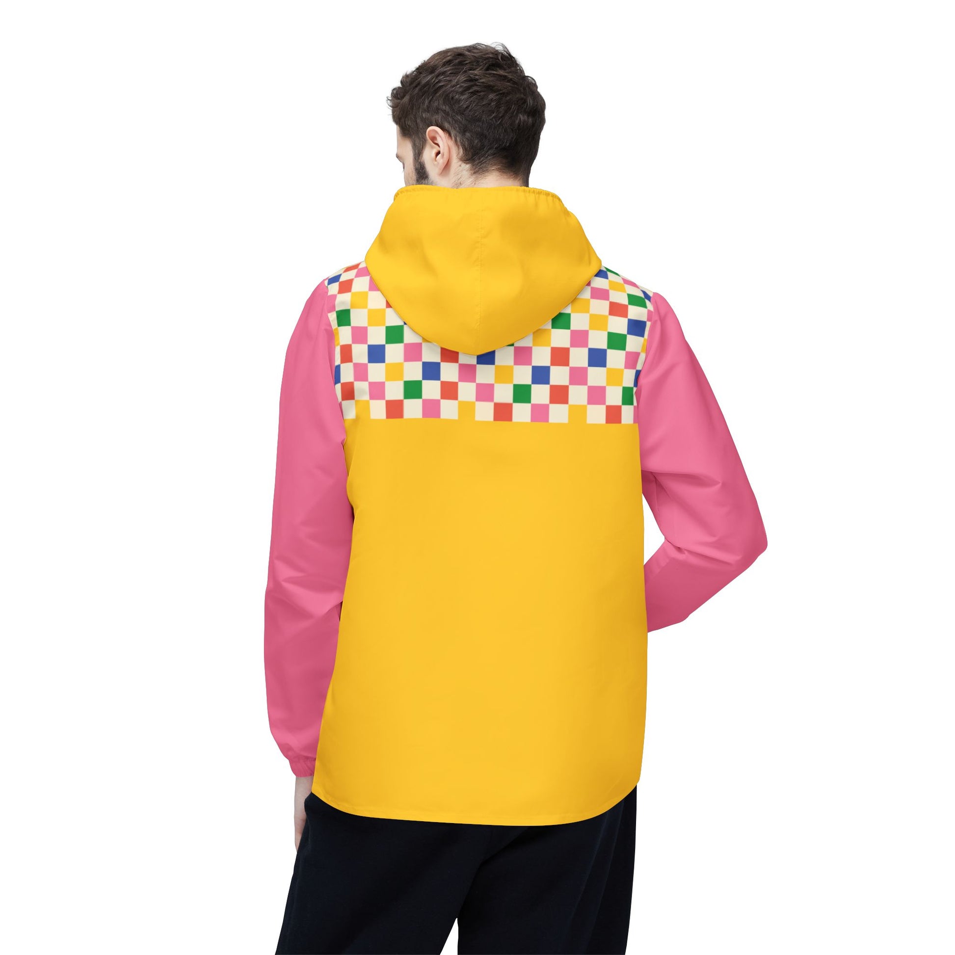 man wearing skater windbreaker back view - retro color block jacket