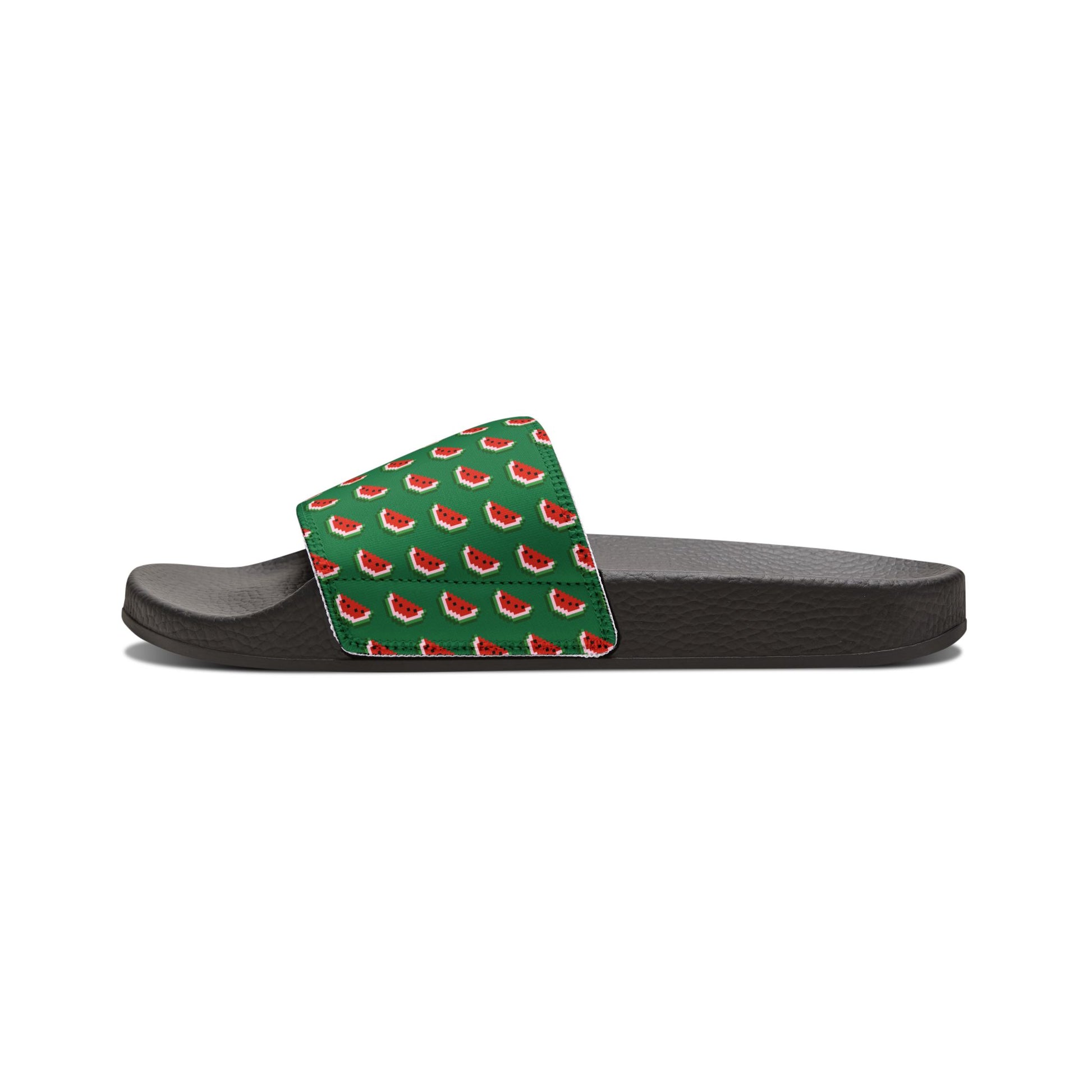 Side view of Watermelon Green Slide Sandal with black sole and patterned strap.