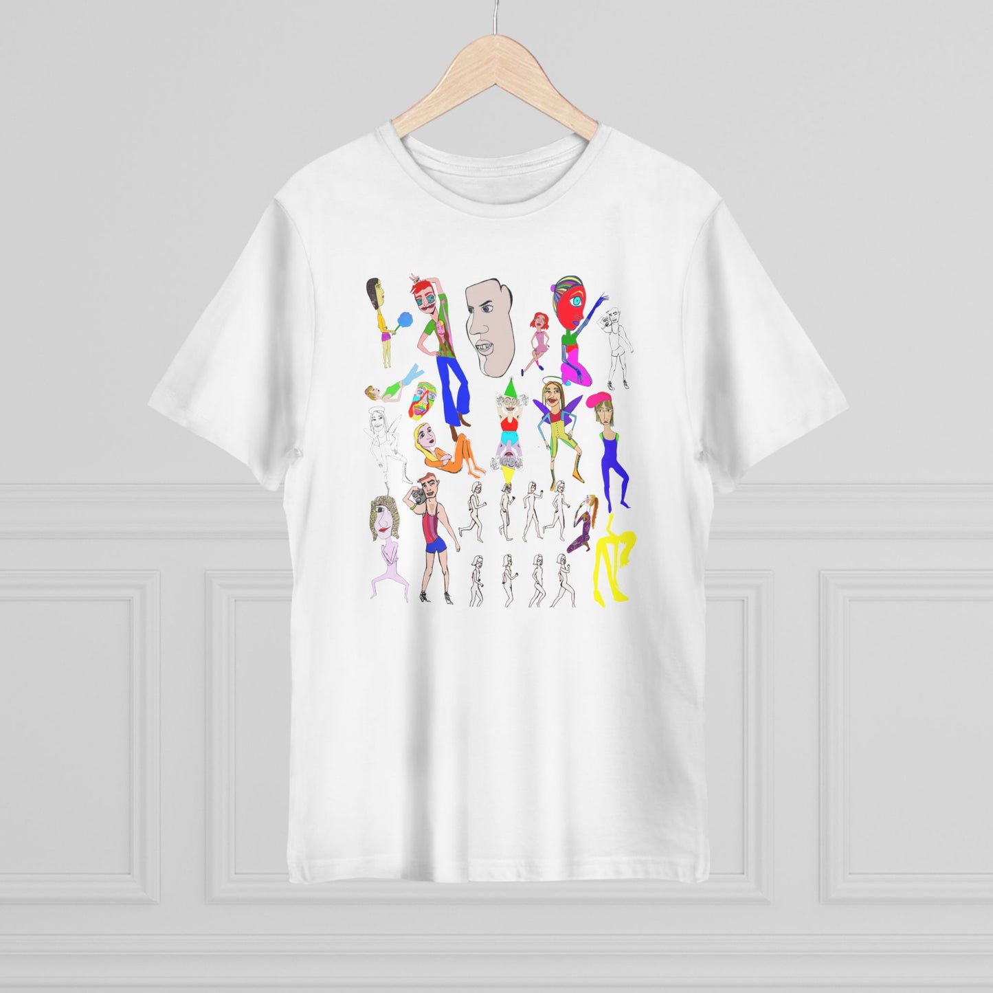 White Mix Unisex Deluxe T-Shirt with colorful hand drawn character design on hanger.
