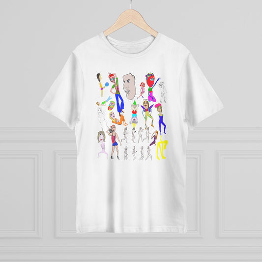 White Mix Unisex Deluxe T-Shirt with colorful hand drawn character design on hanger.