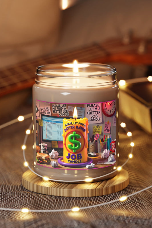 Lit Please Let Me Find A Better Job soy candle on table with string lights