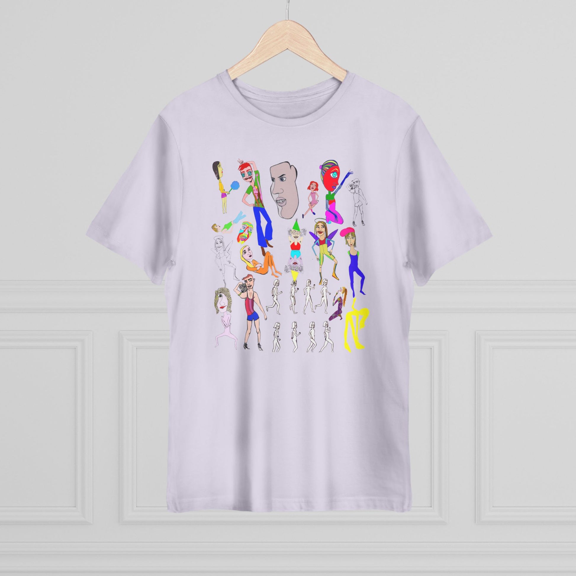 Lavender Mix Unisex Deluxe T-Shirt on hanger with colorful original hand drawn artwork.