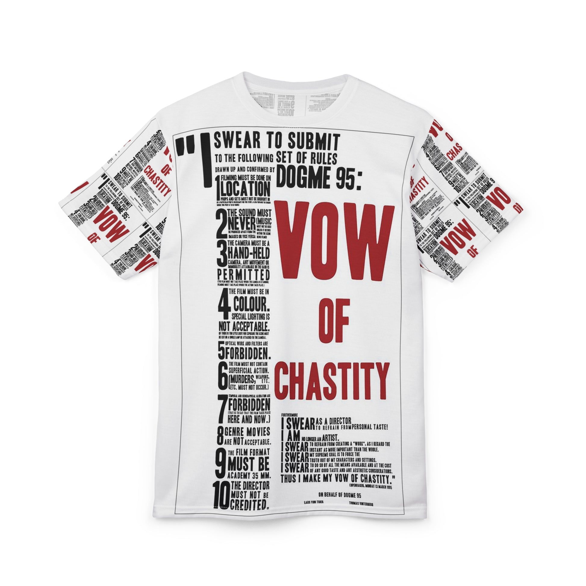 Angled view of Dogma 95 Unisex T-shirt showing front and sleeve details of the Dogme 95 rules layout in black and red typography.