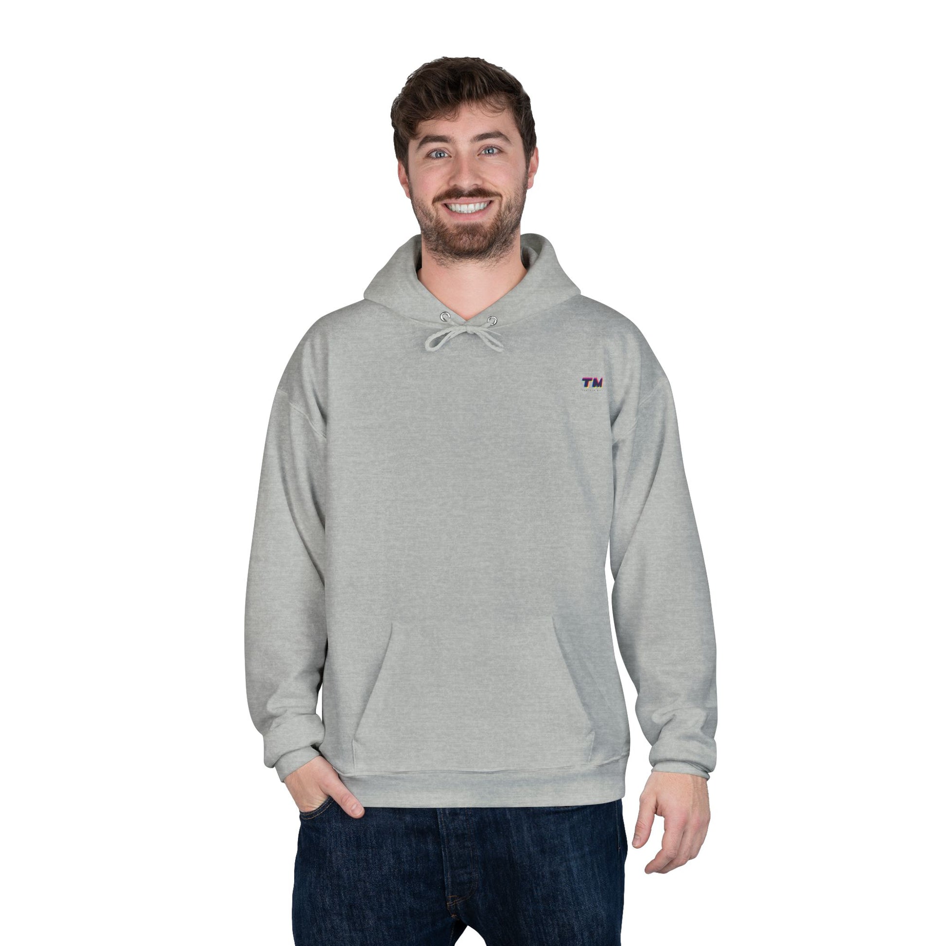 Man wearing gray EcoSmart hoodie with relaxed fit.