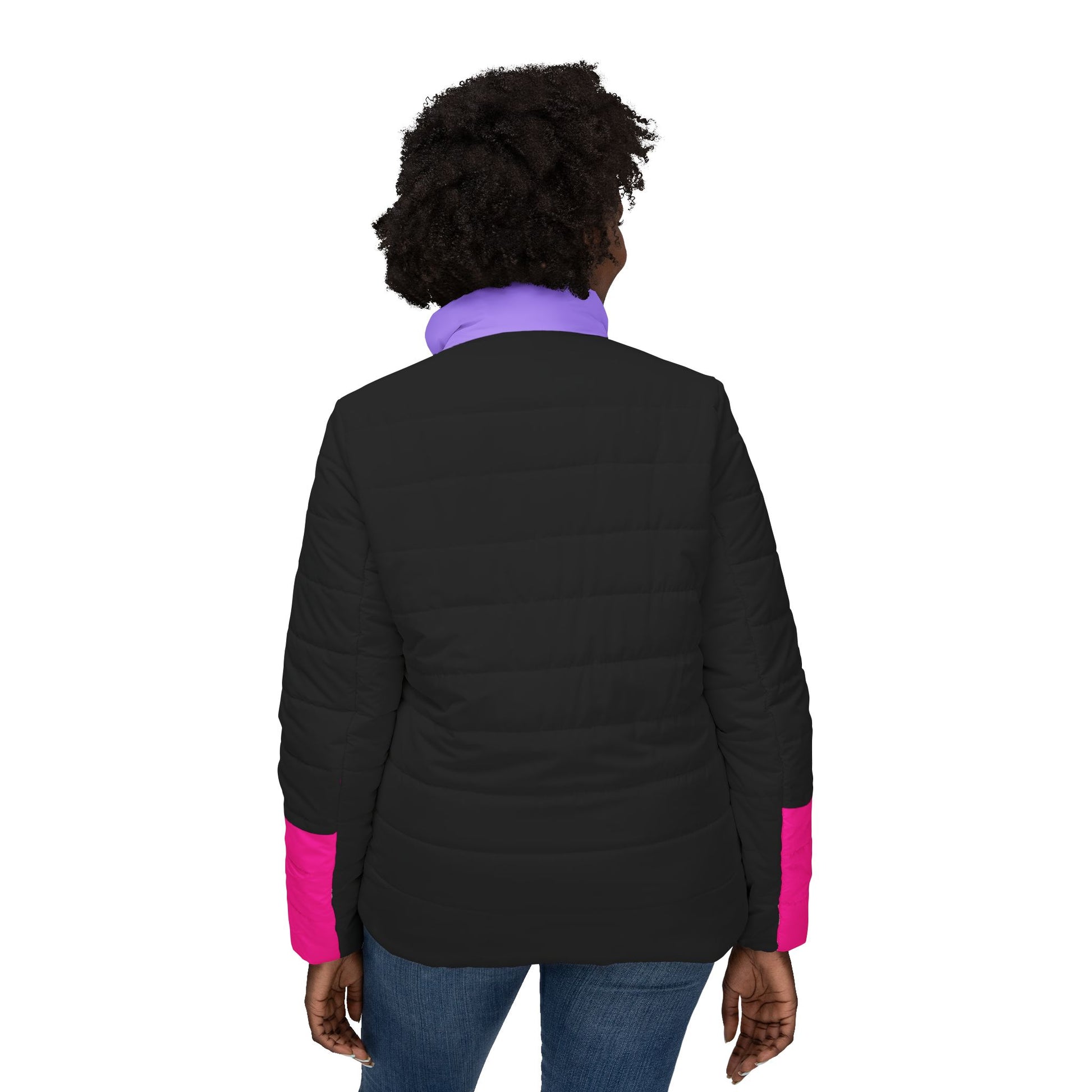 Back view of model wearing Pac-Man women’s black puffer jacket with purple collar and pink sleeve accents