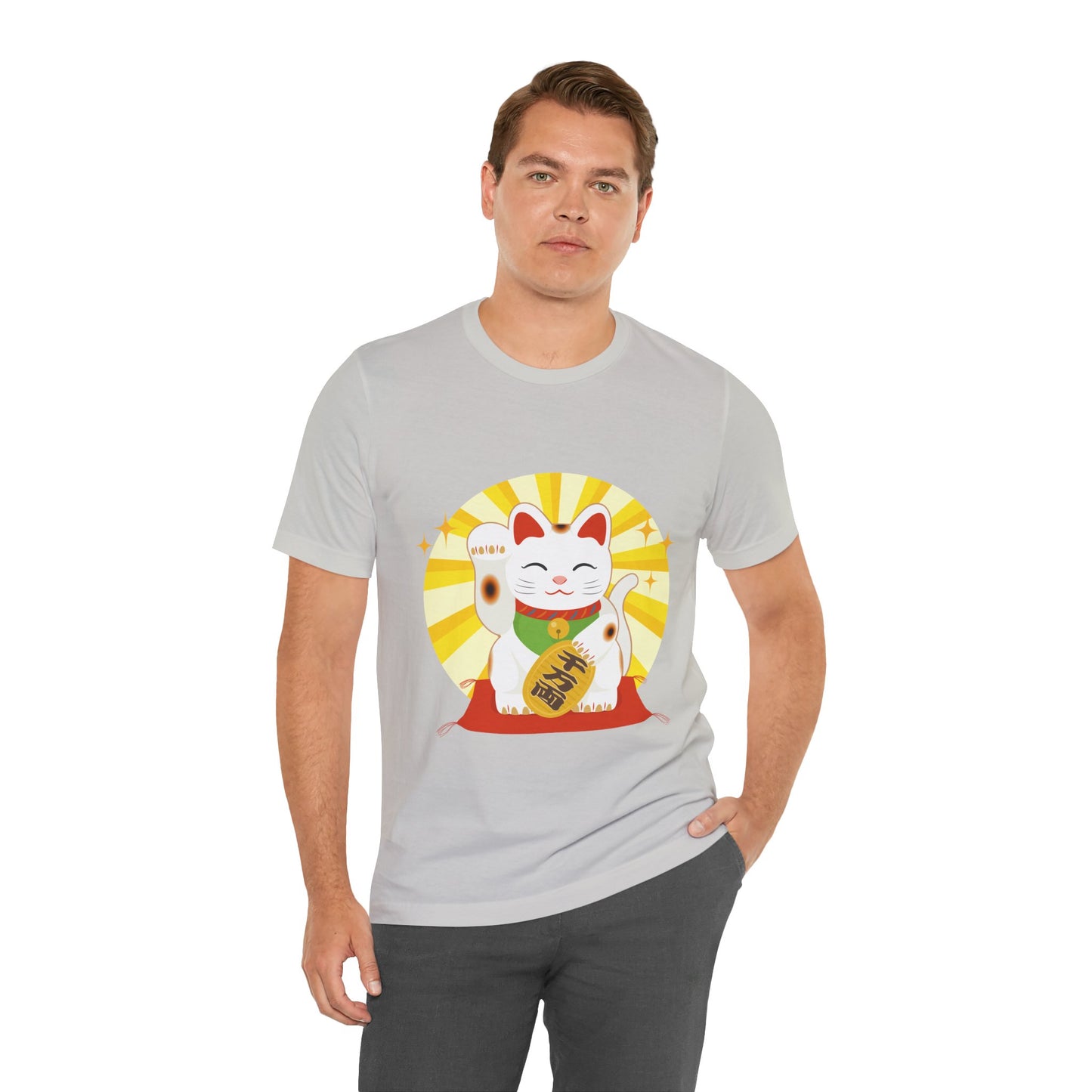 Man wearing a gray t-shirt with a lucky cat graphic on a white background
