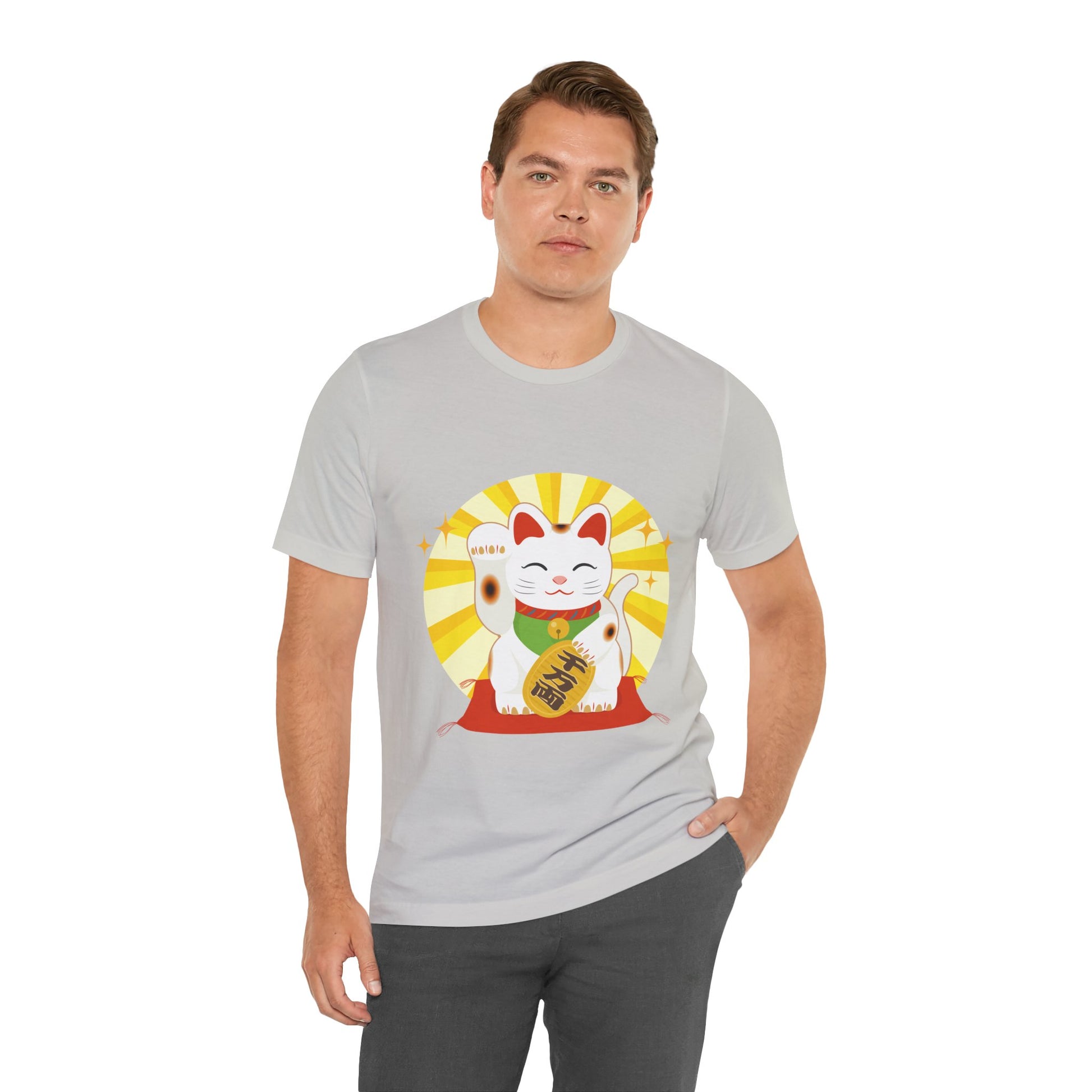 Man wearing a gray t-shirt with a lucky cat graphic on a white background