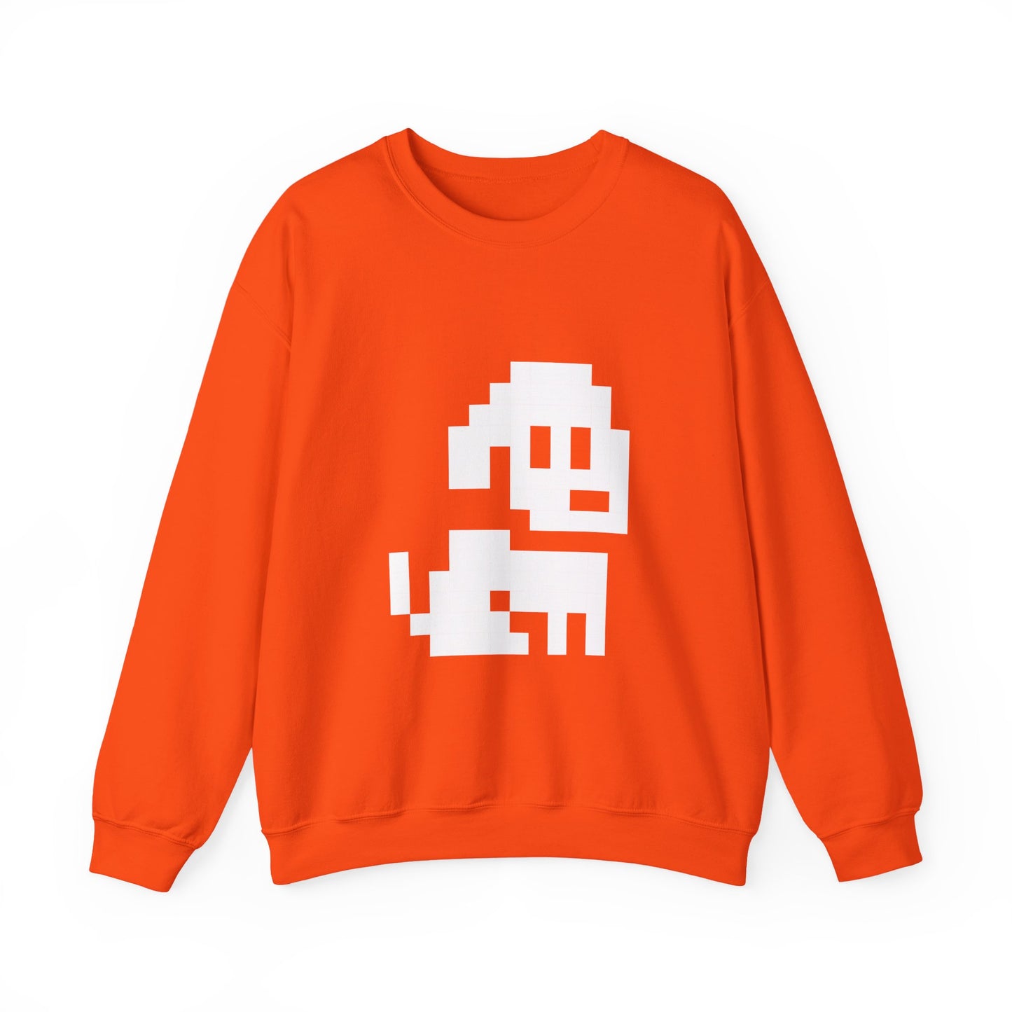 Pixel Dog Unisex Sweatshirt flat lay in orange