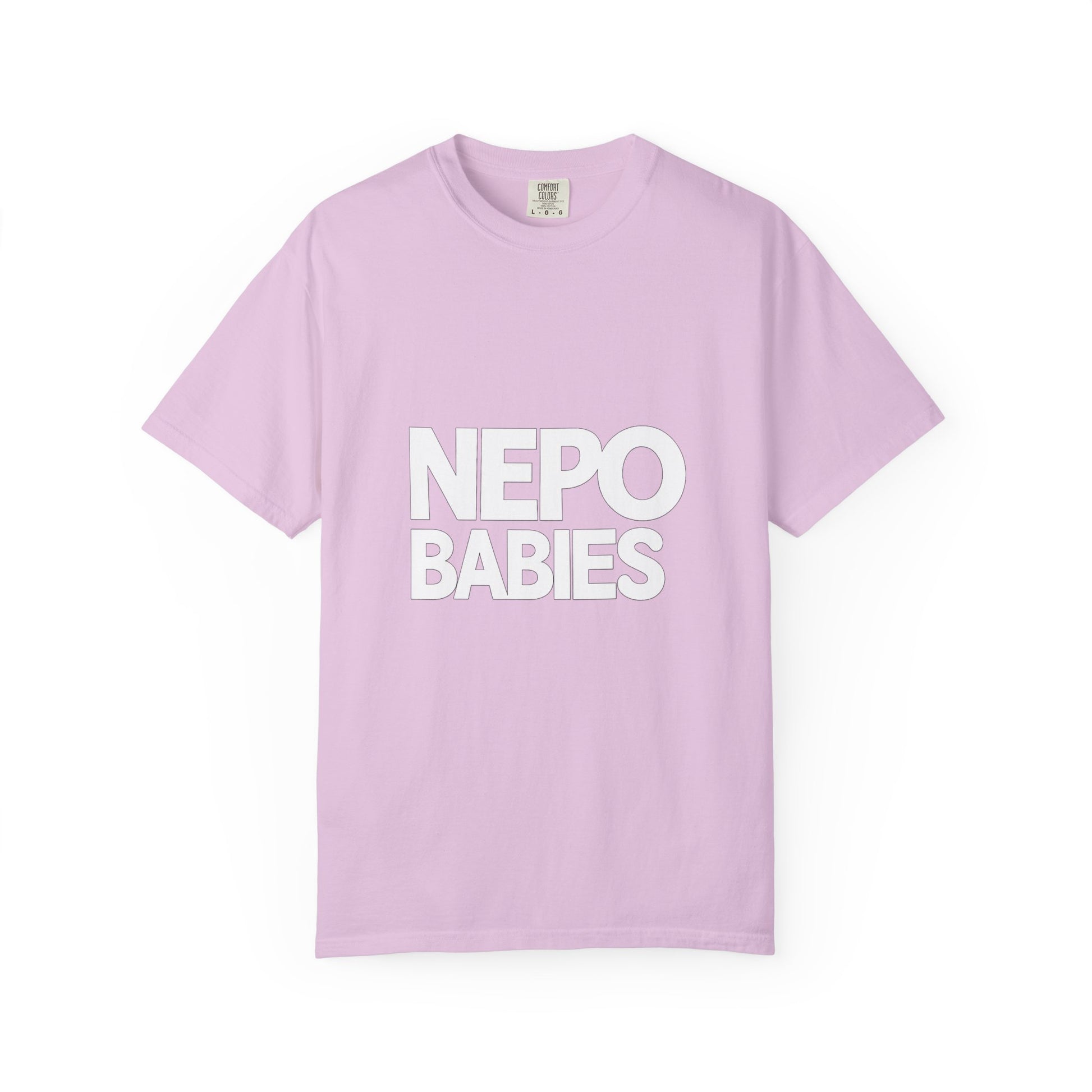 Light purple t-shirt with 'NEPO BABIES' text on a white background