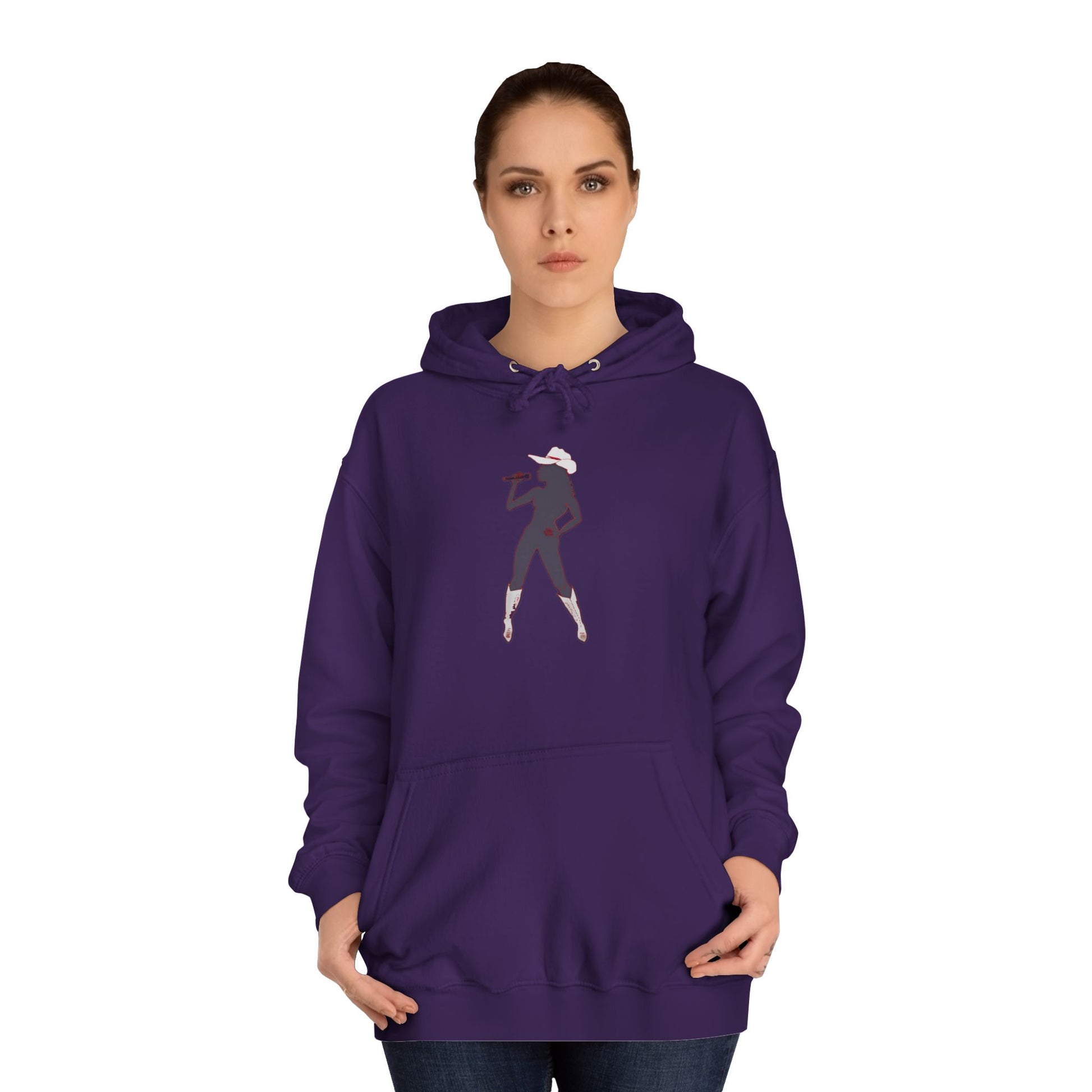 Woman wearing a purple hoodie with a graphic design on a white background